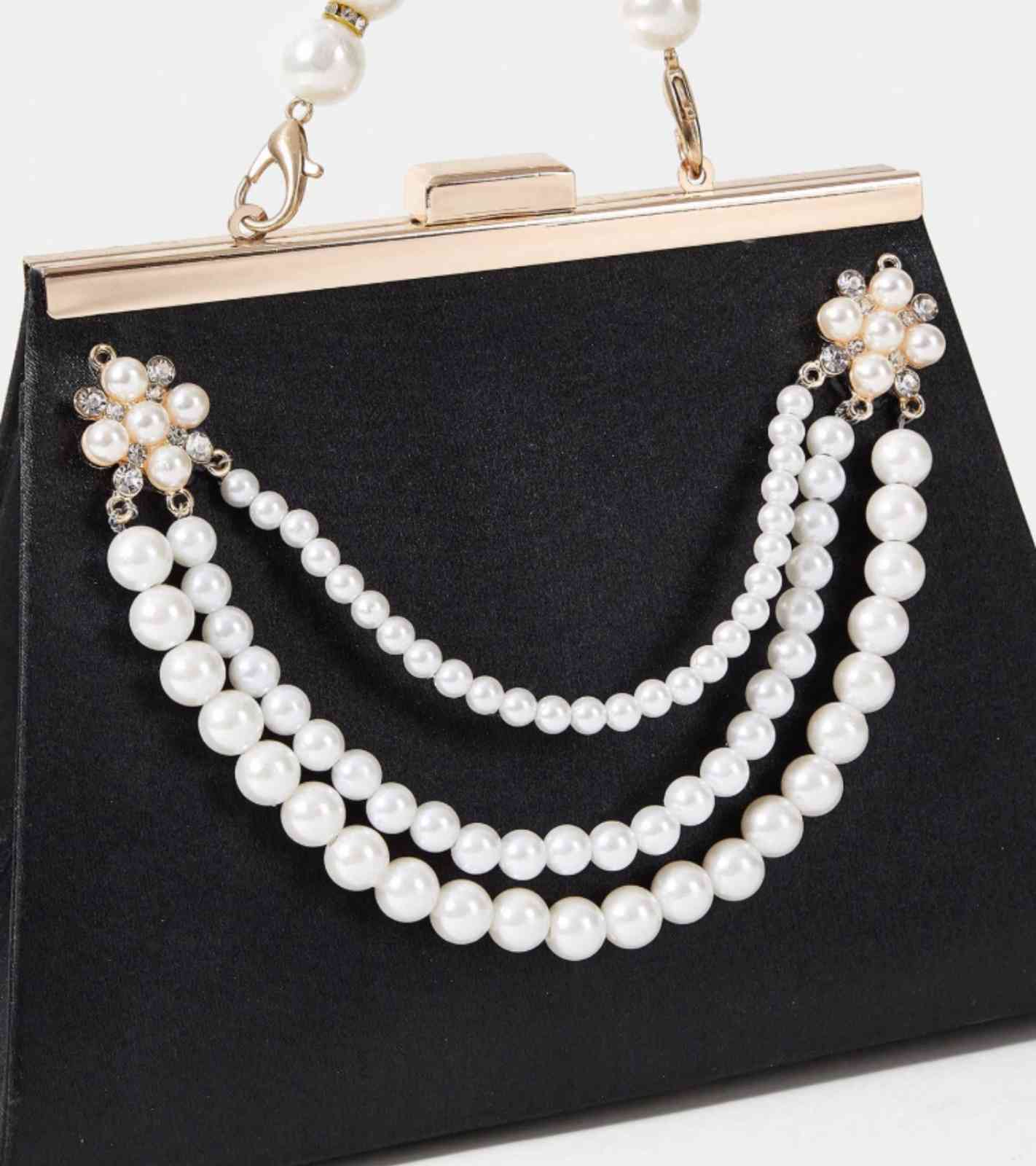 Eternia® Pearl Embellished Evening Clutch – Decorative Pearl Chain Handle – Black