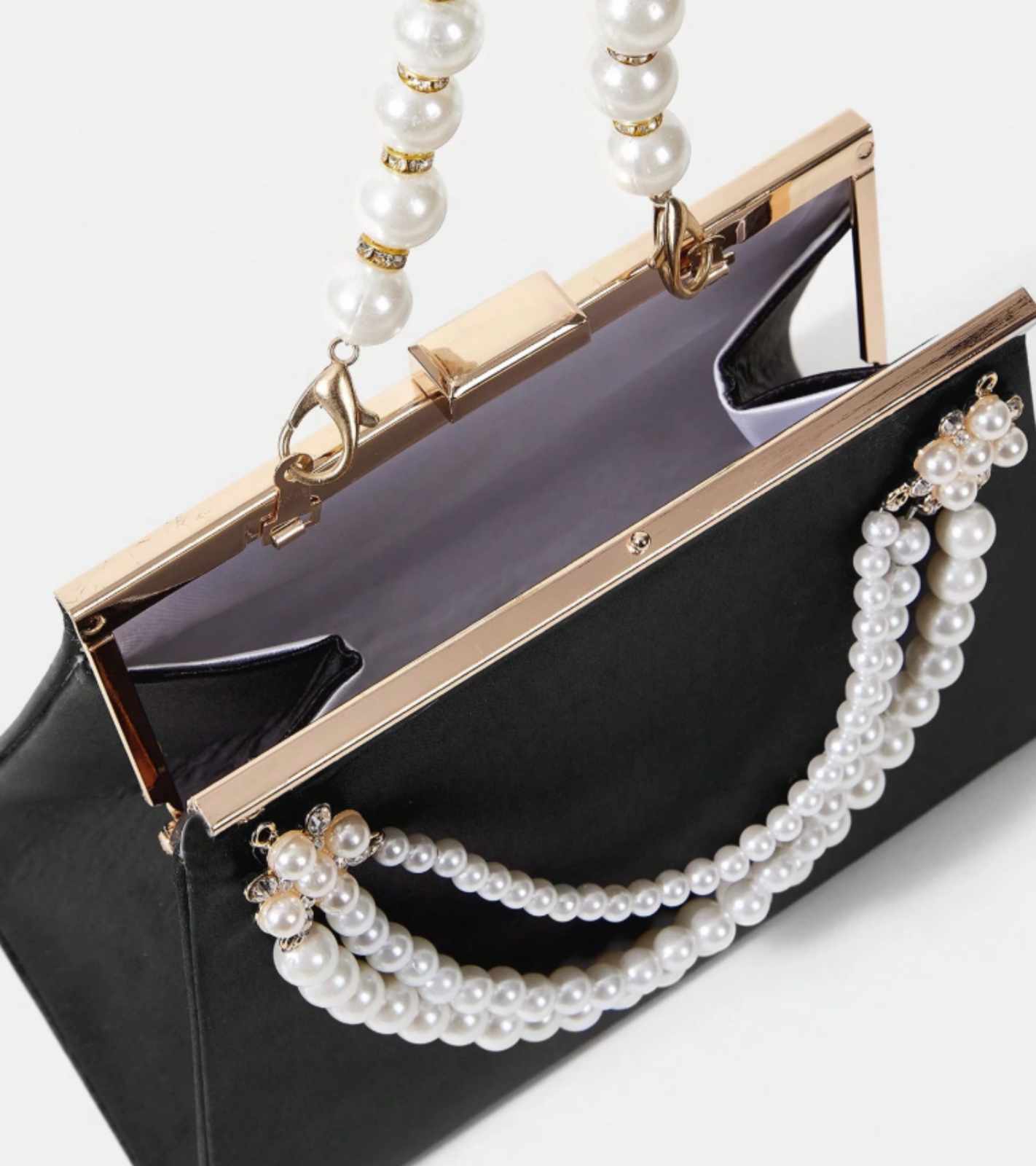 Eternia® Pearl Embellished Evening Clutch – Decorative Pearl Chain Handle – Black