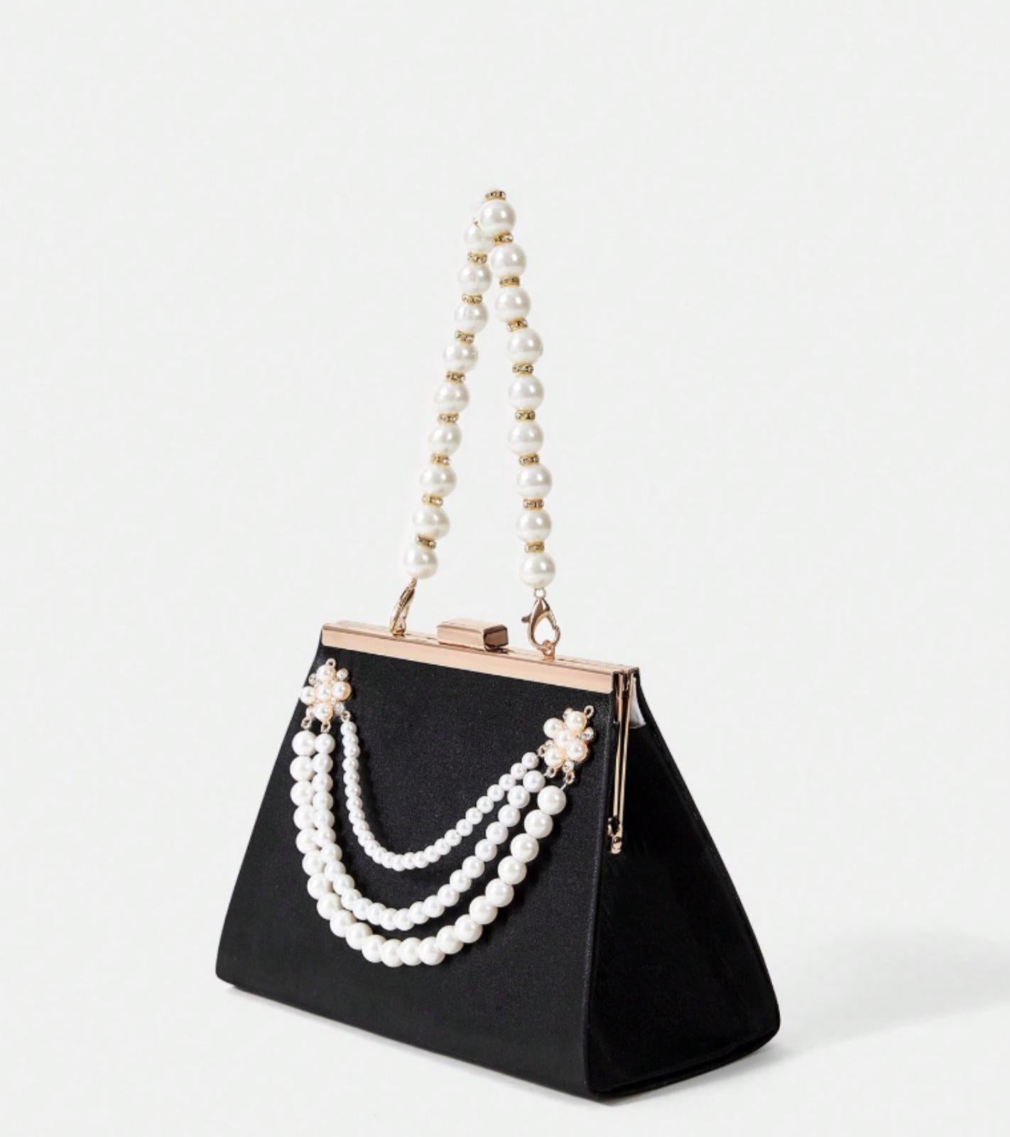 Eternia® Pearl Embellished Evening Clutch – Decorative Pearl Chain Handle – Black