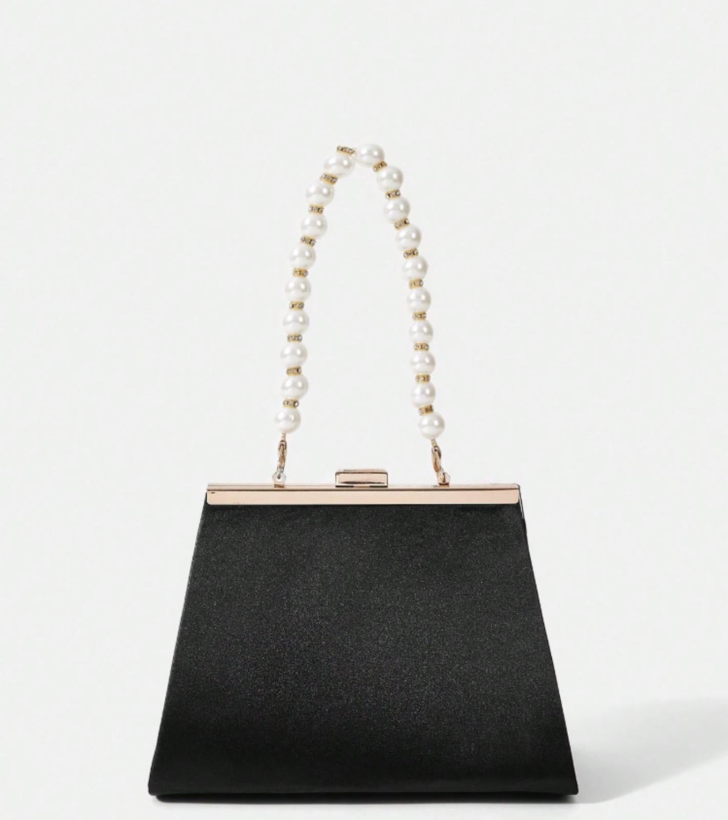 Eternia® Pearl Embellished Evening Clutch – Decorative Pearl Chain Handle – Black