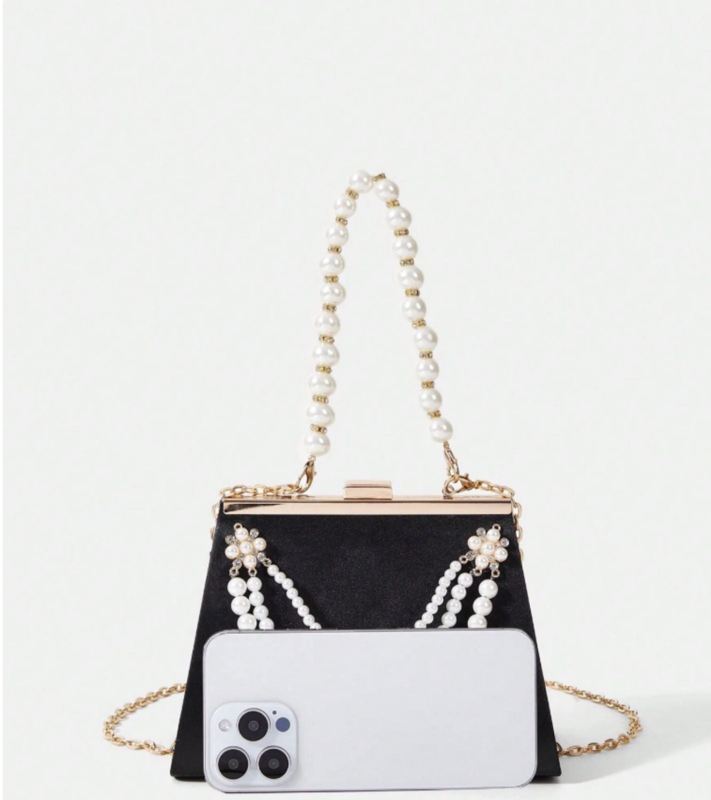 Eternia® Pearl Embellished Evening Clutch – Decorative Pearl Chain Handle – Black