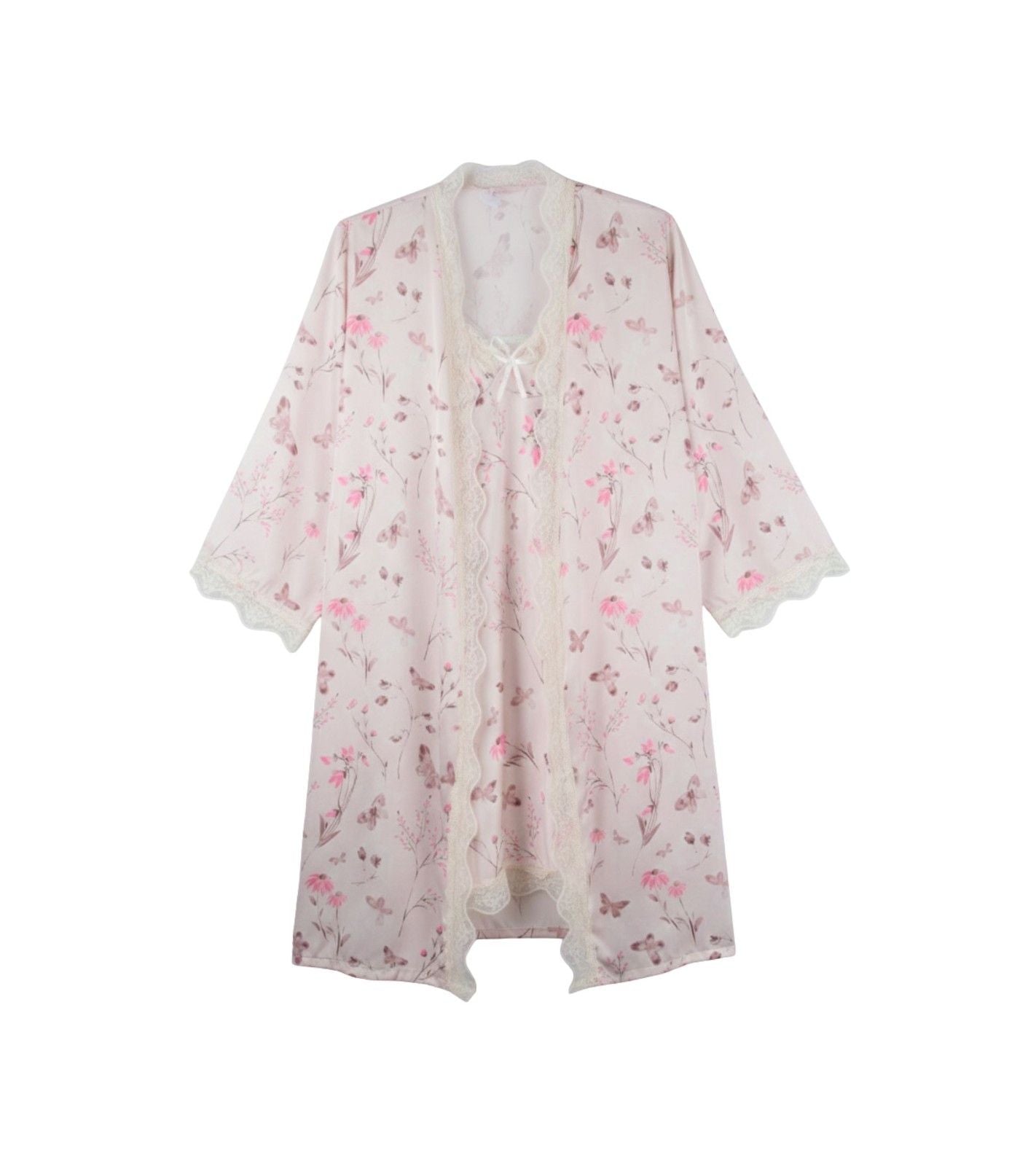 Soft pink butterfly floral print robe with lace-trim neckline, back view