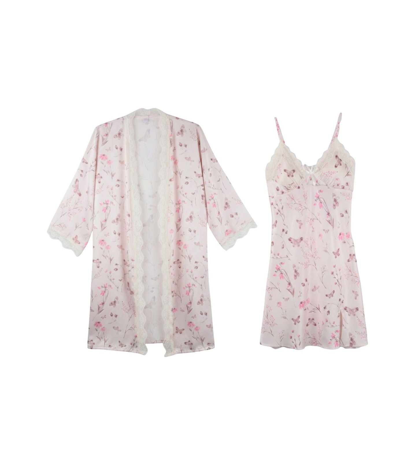 Eternia® Pink Whisper Nightdress & Robe Set – Butterfly Floral Print with Lace – Soft Pink – Free Size