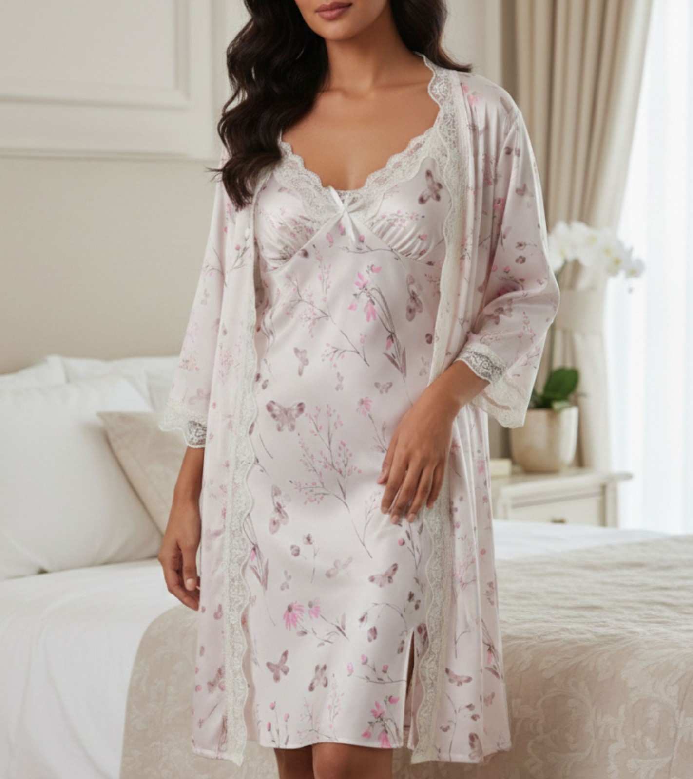 Eternia® Pink Whisper Nightdress & Robe Set – Butterfly Floral Print with Lace – Soft Pink – Free Size