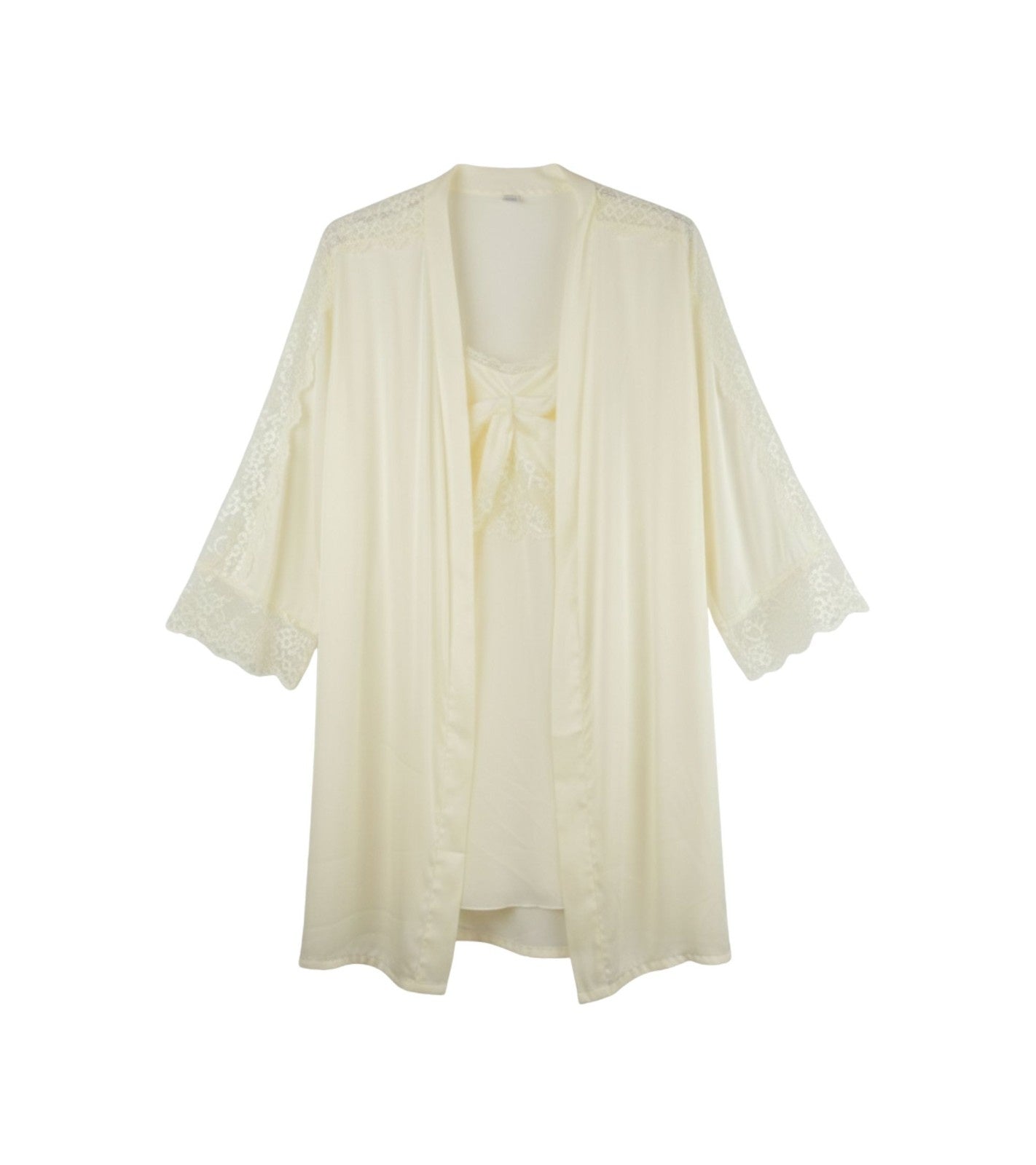 Cream robe with lace-trimmed sleeves and open front drape
