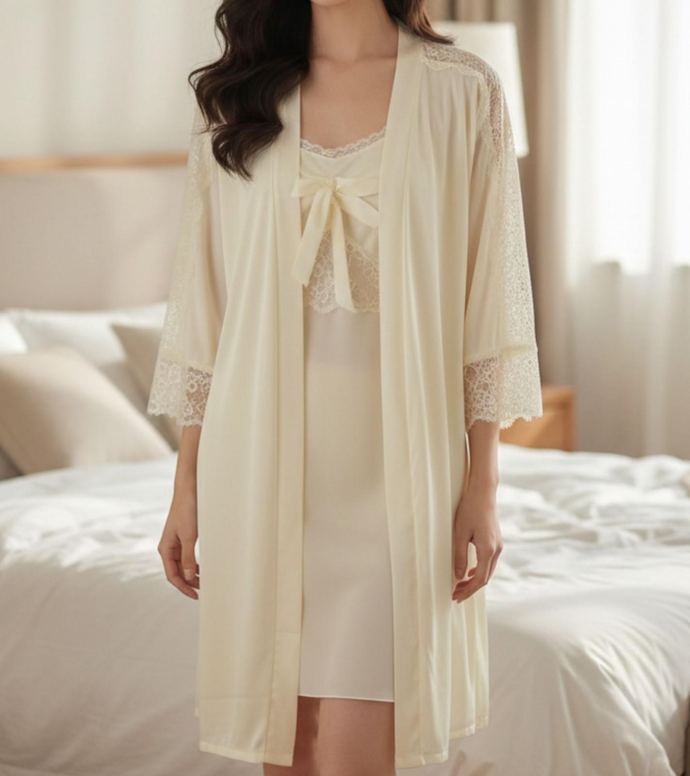Eternia® Pure Grace Nightdress & Robe Set – Lace Panel Detailing – Cream – Free Size