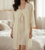 Cream robe and nightdress set, lace trim sleeves and front bow detail