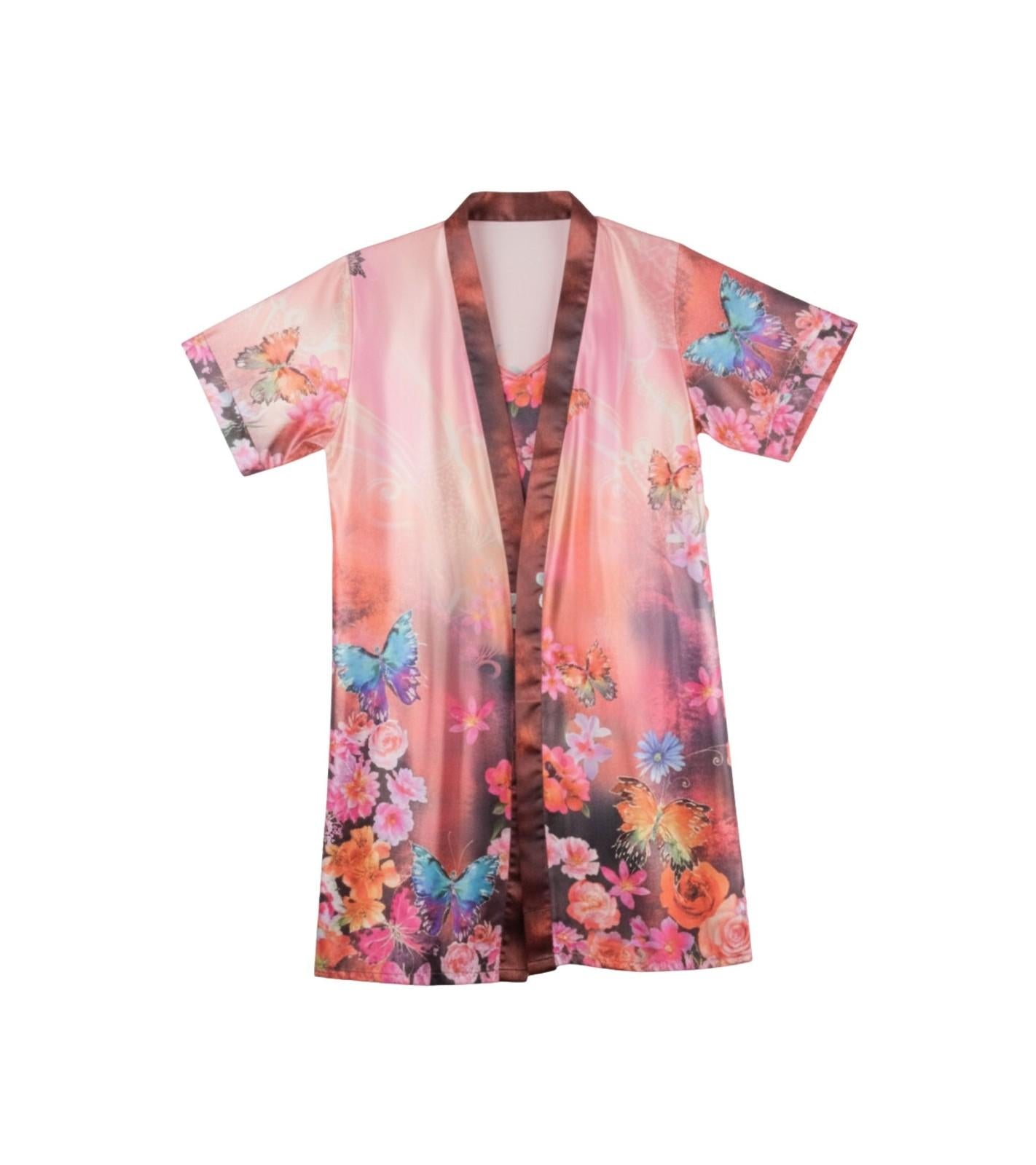 Eternia® Rosé Garden Nightdress & Robe Set – Butterfly & Floral Print – Blush Pink – Free Size