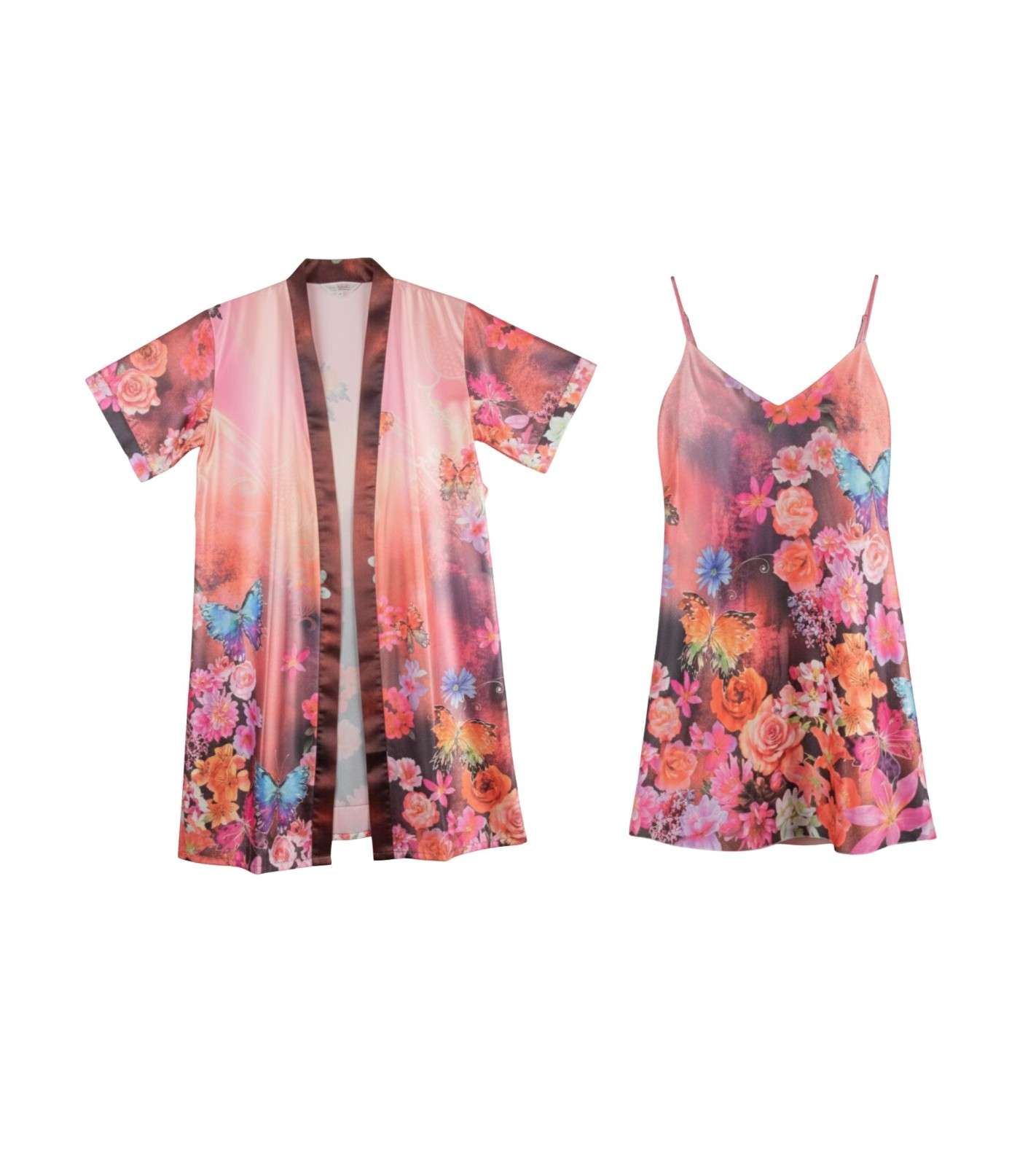 Eternia® Rosé Garden Nightdress & Robe Set – Butterfly & Floral Print – Blush Pink – Free Size