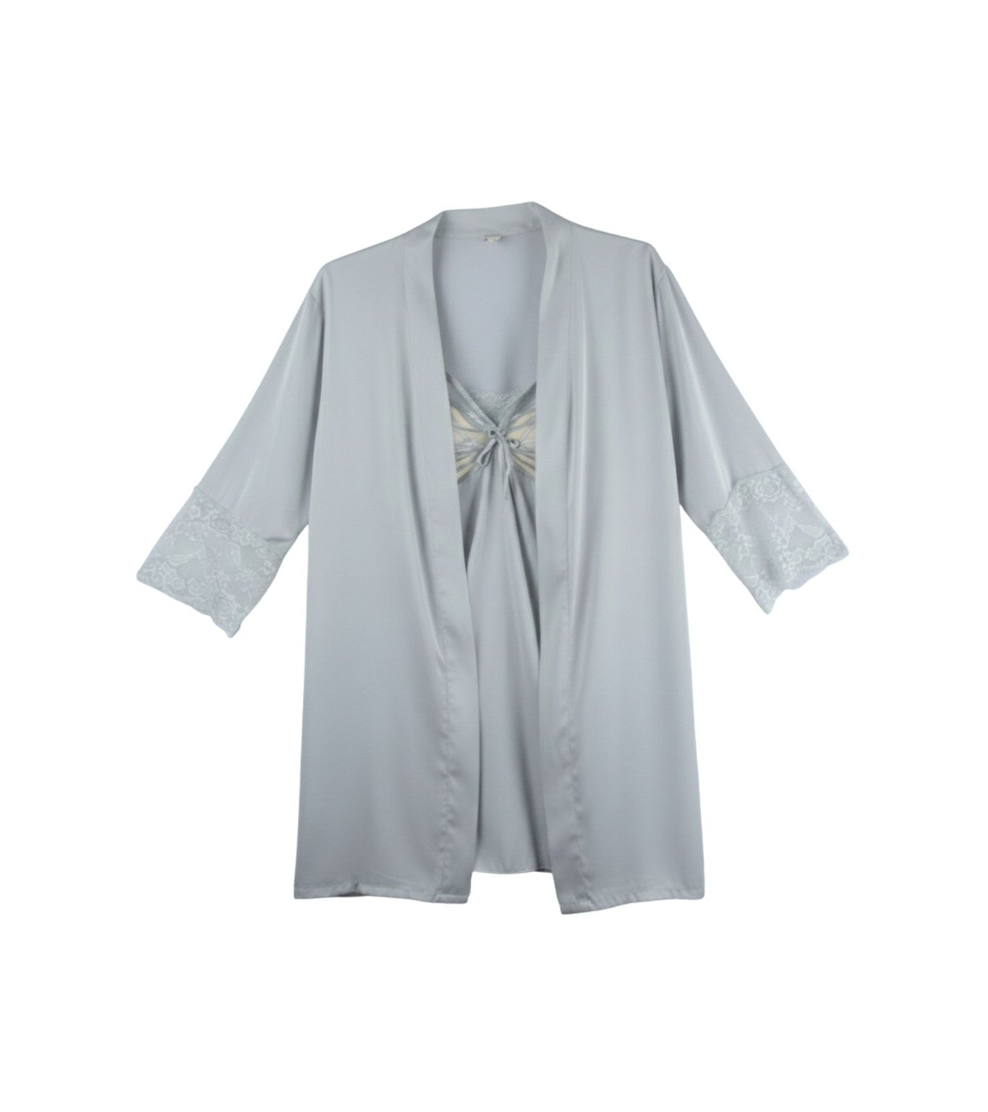 Mist grey satin robe with gathered back and lace-trim cuffs
