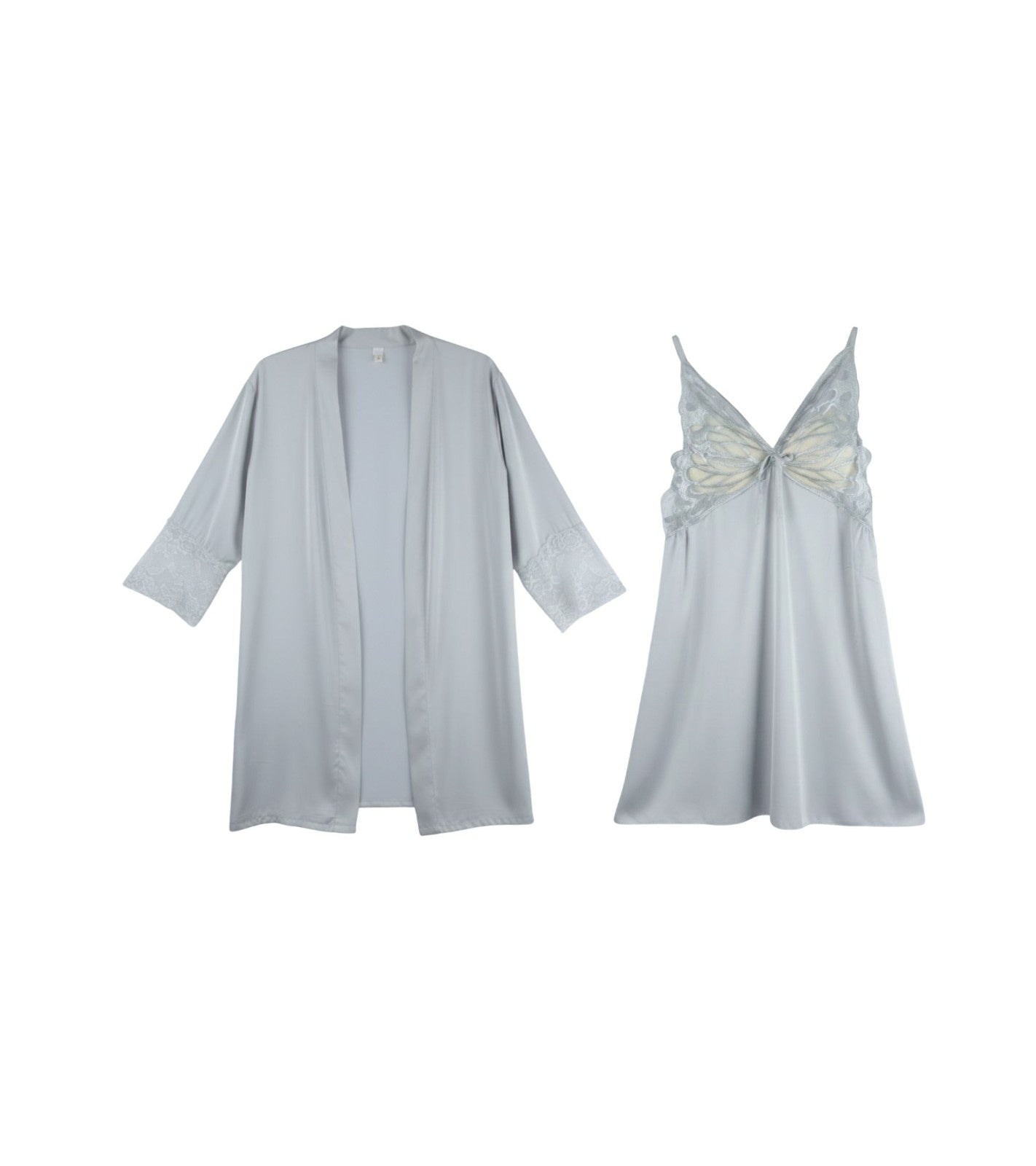 Eternia® Silver Wing Nightdress & Robe Set – Butterfly Lace Detail – Mist Grey – Free Size