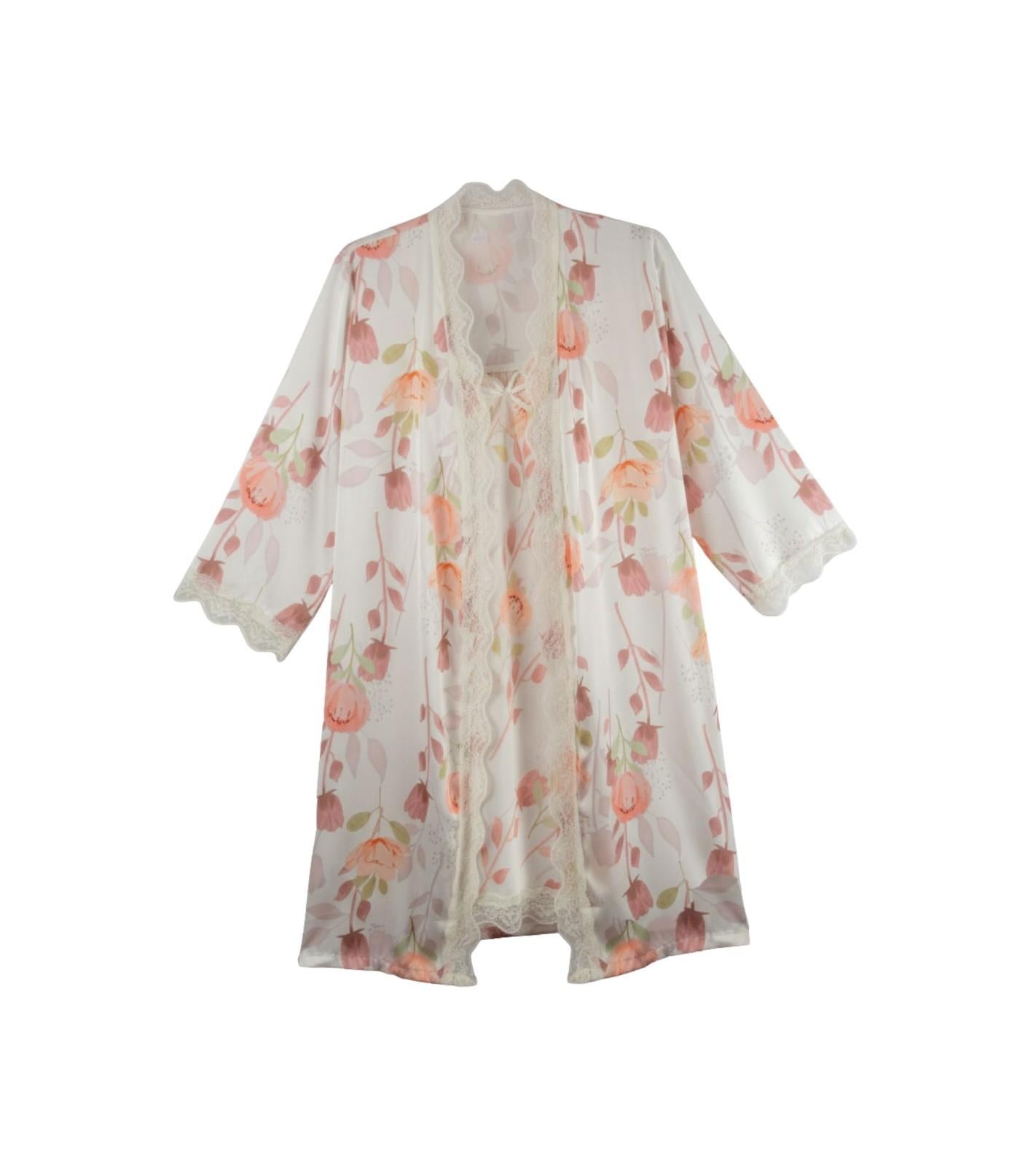 Eternia® Soft Petals Nightdress & Robe Set – Delicate Floral Print with Lace – Ivory Peach – Free Size