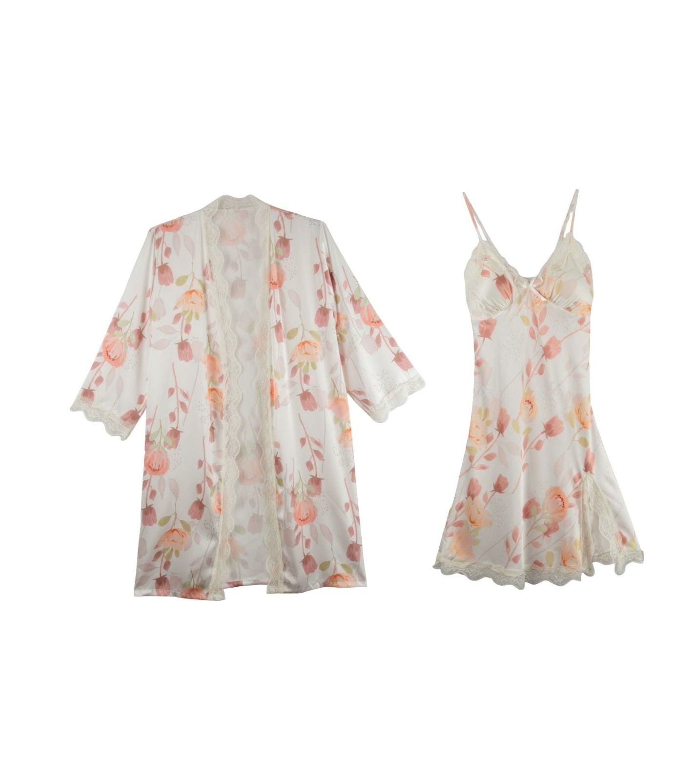 Eternia® Soft Petals Nightdress & Robe Set – Delicate Floral Print with Lace – Ivory Peach – Free Size