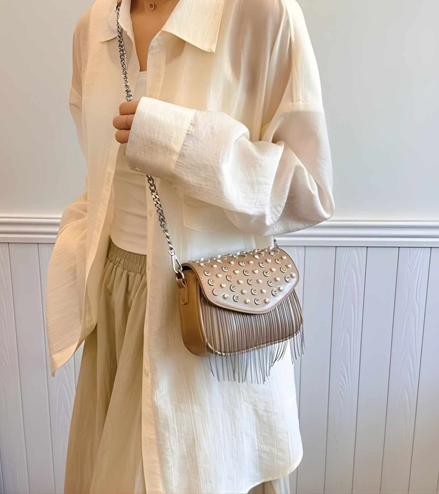 Eternia® Studded Fringe Crossbody Bag – Crystal Rivet Detail – Beige