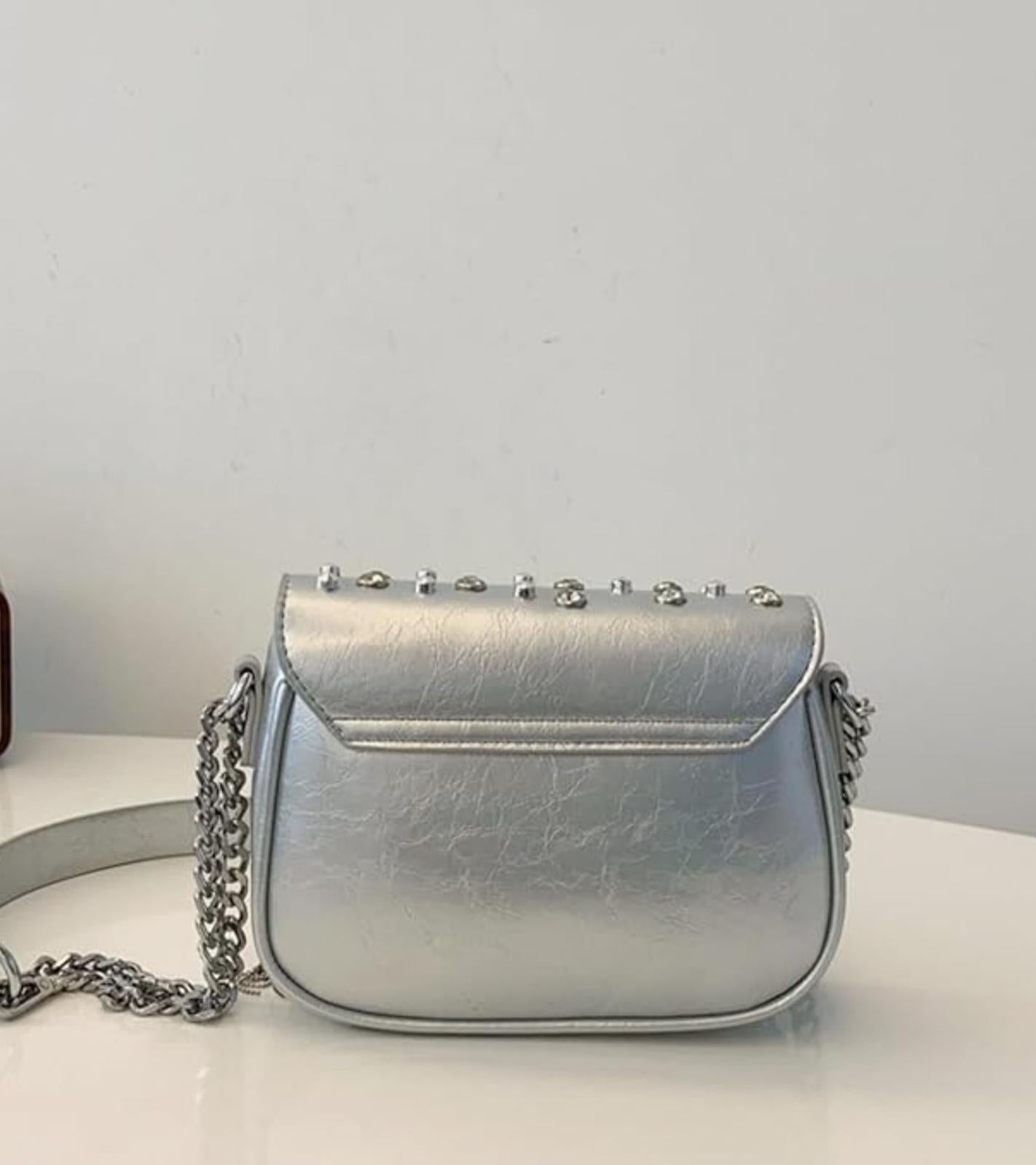 Eternia® Studded Fringe Crossbody Bag – Crystal Rivet Detail – Silver