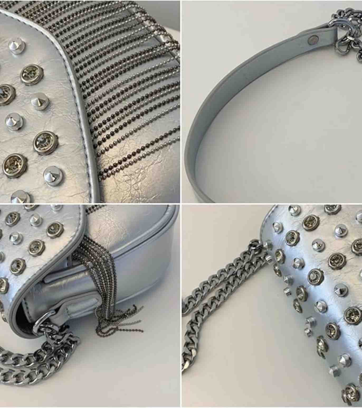 Eternia® Studded Fringe Crossbody Bag – Crystal Rivet Detail – Silver