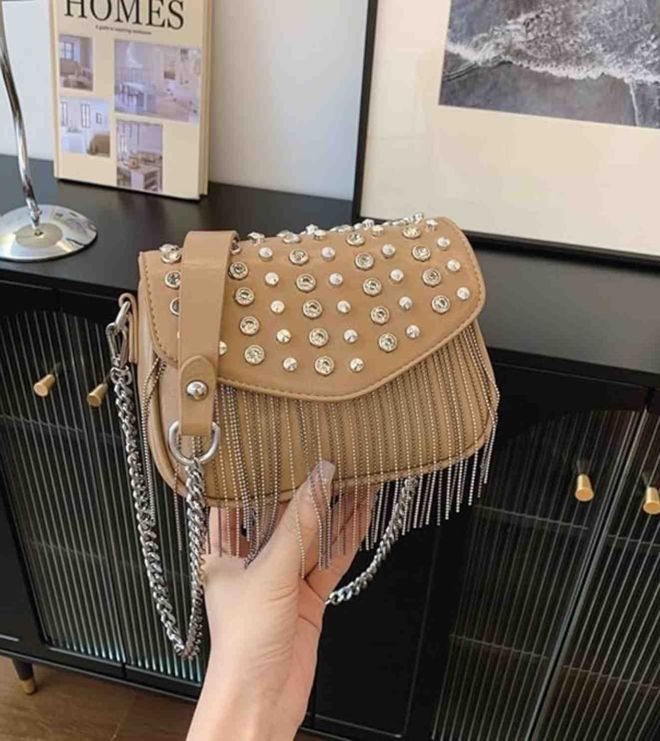 Eternia® Studded Fringe Crossbody Bag – Crystal Rivet Detail – Beige