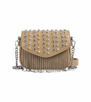 Eternia® Studded Fringe Crossbody Bag – Crystal Rivet Detail – Beige