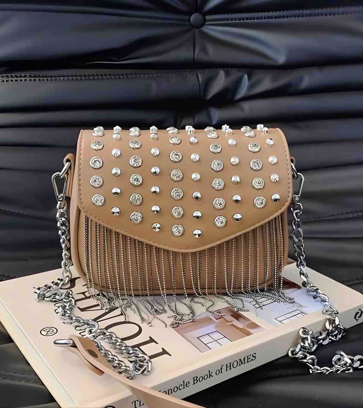 Eternia® Studded Fringe Crossbody Bag – Crystal Rivet Detail – Beige