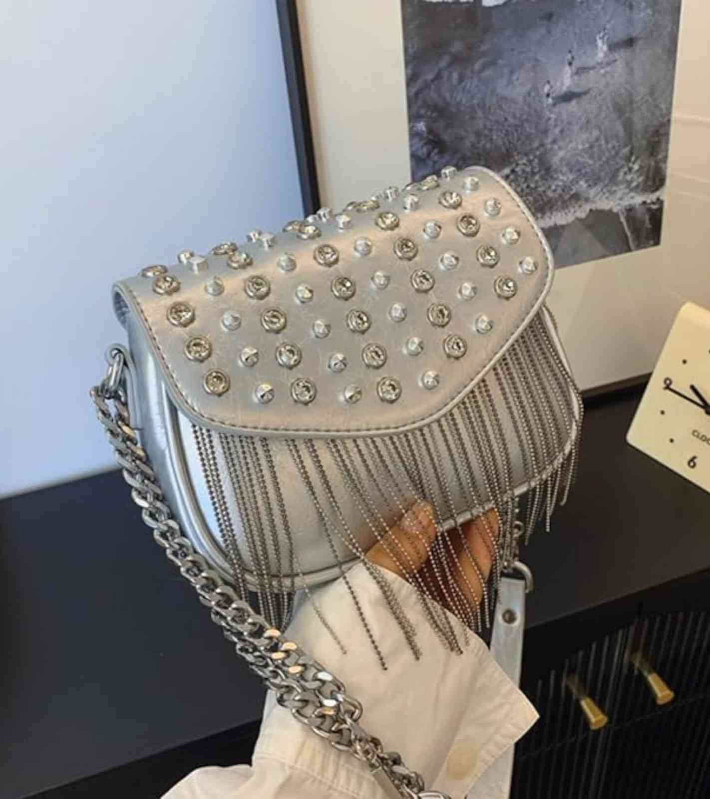 Eternia® Studded Fringe Crossbody Bag – Crystal Rivet Detail – Silver
