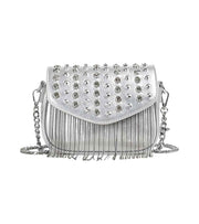 Eternia® Studded Fringe Crossbody Bag – Crystal Rivet Detail – Silver