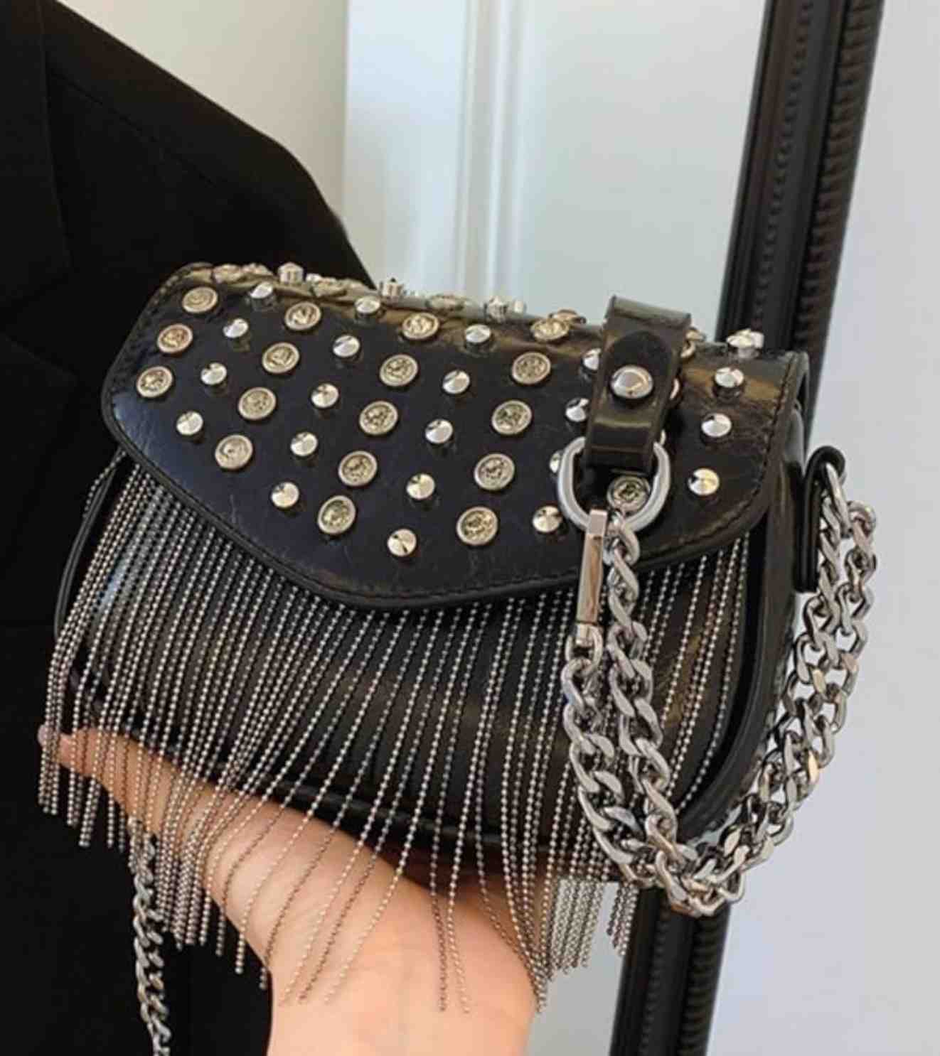 Eternia® Studded Fringe Crossbody Bag – Crystal Rivet Detail – Black