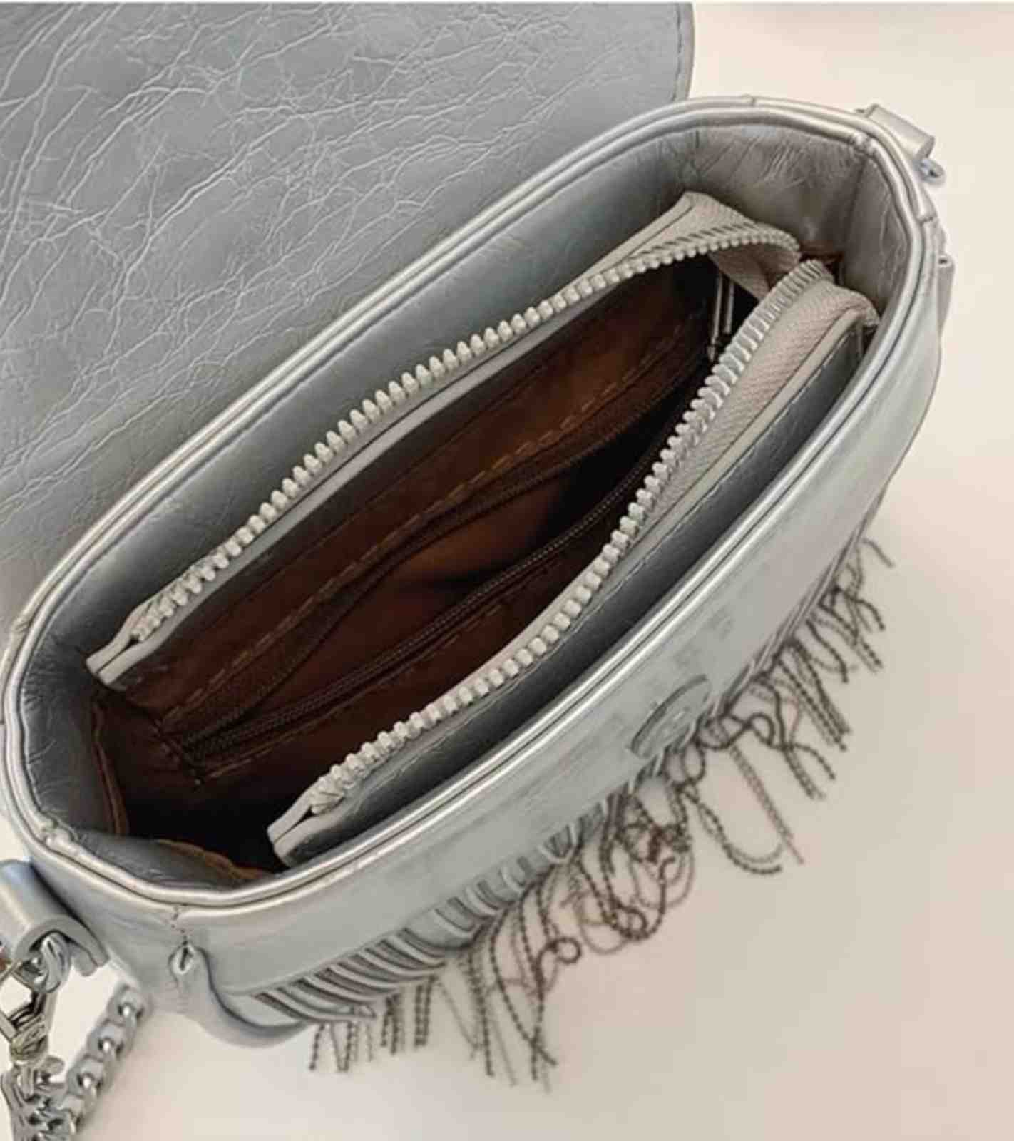 Eternia® Studded Fringe Crossbody Bag – Crystal Rivet Detail – Silver