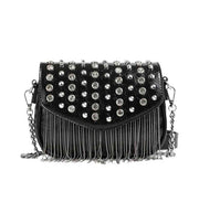 Eternia® Studded Fringe Crossbody Bag – Crystal Rivet Detail – Black