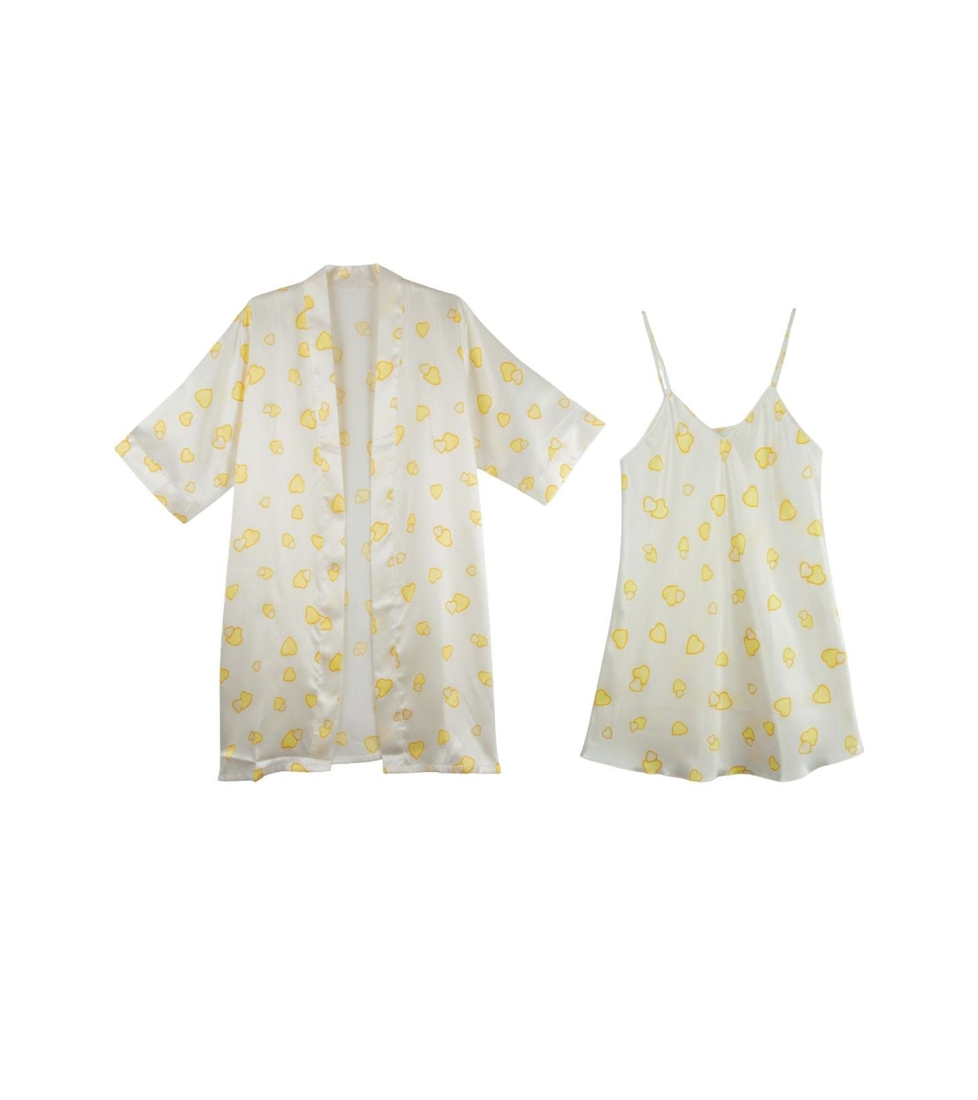 Eternia® Sunny Hearts Nightdress & Robe Set – All-Over Heart Print – Ivory Yellow – Free Size