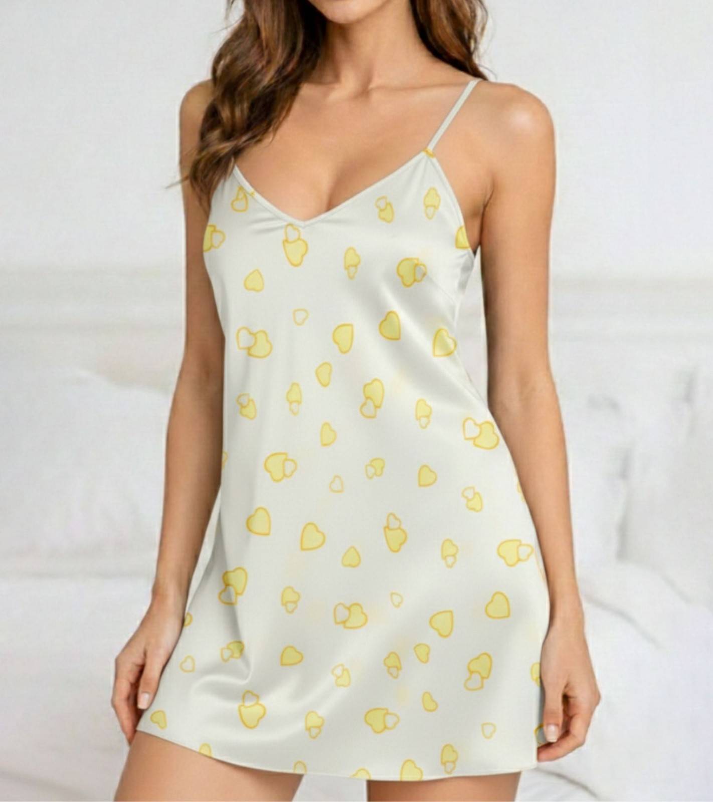 Eternia® Sunny Hearts Nightdress & Robe Set – All-Over Heart Print – Ivory Yellow – Free Size