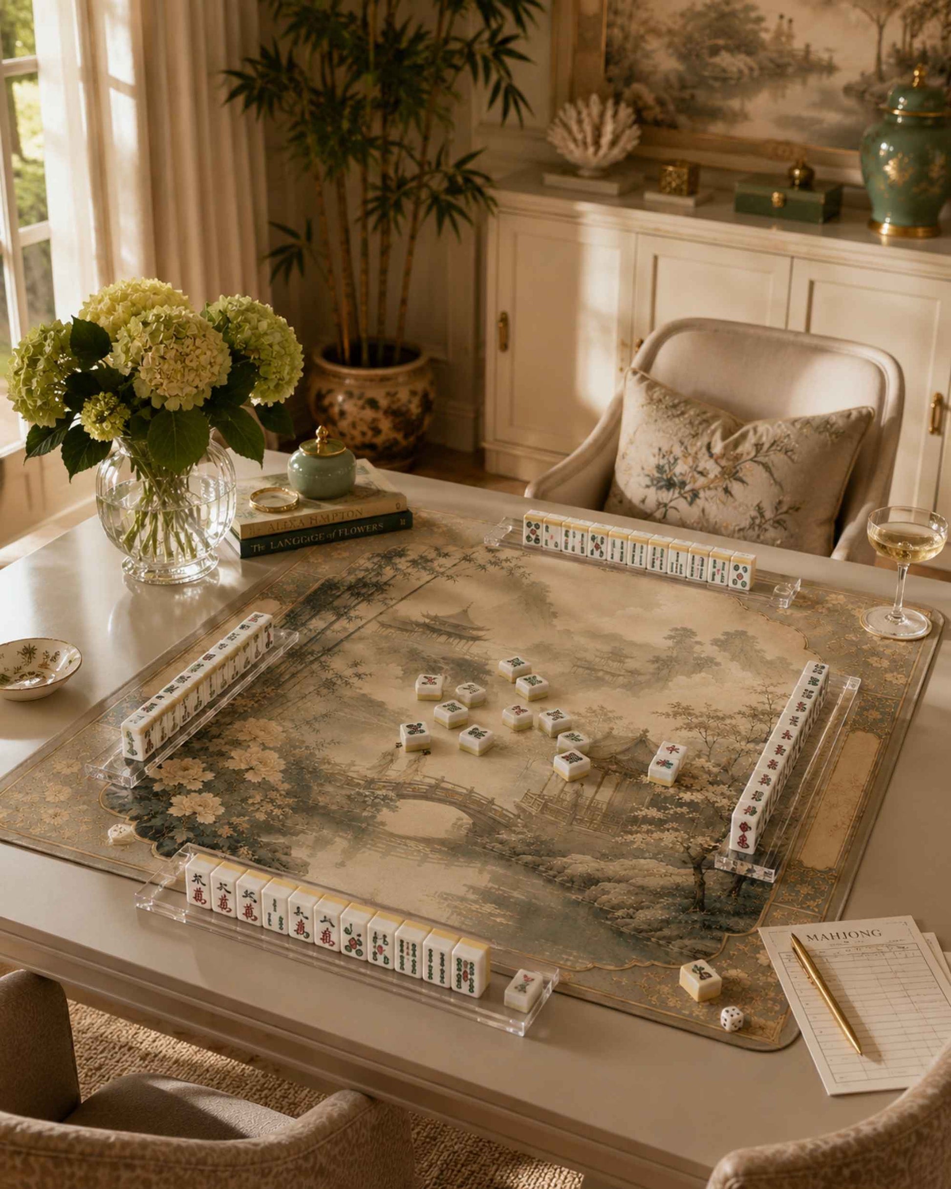 Square mahjong table mat with bamboo forest landscape print and non-slip border