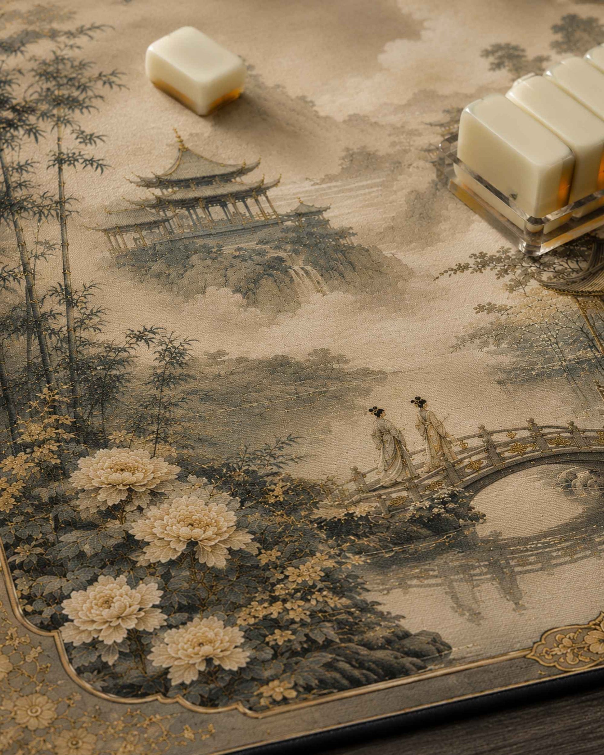Square mahjong mat close-up with bamboo forest, pagoda bridge landscape print