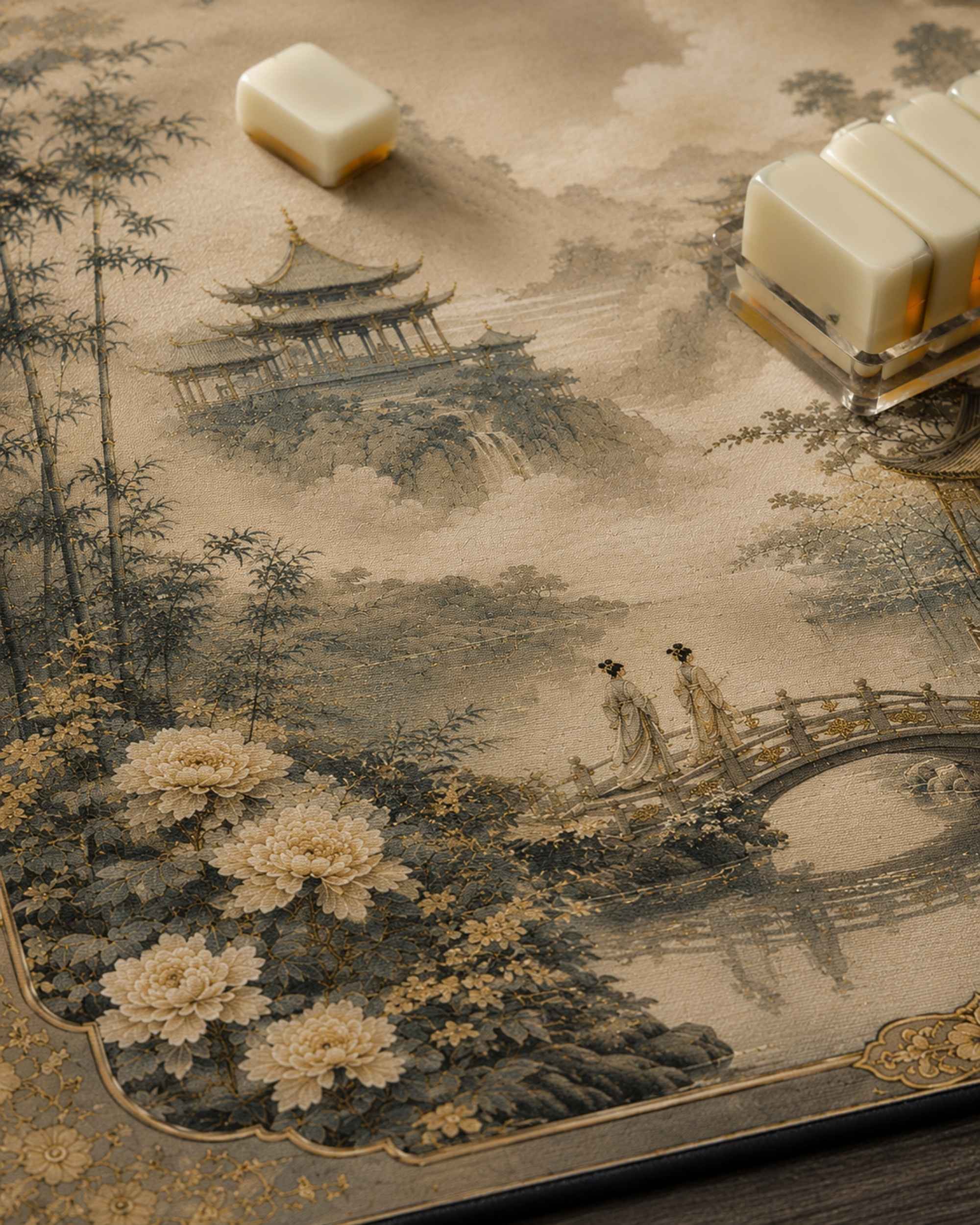 Square mahjong mat close-up with bamboo forest, pagoda bridge landscape print