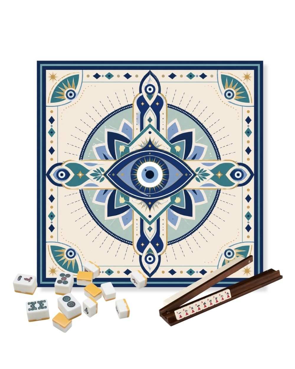 Premsons® Evil Eye Mahjong Table Mat – Premium Anti-Slip Square Gaming & Decorative Mat - 23 x 23 inch - Versatile Non-Slip Play Surface