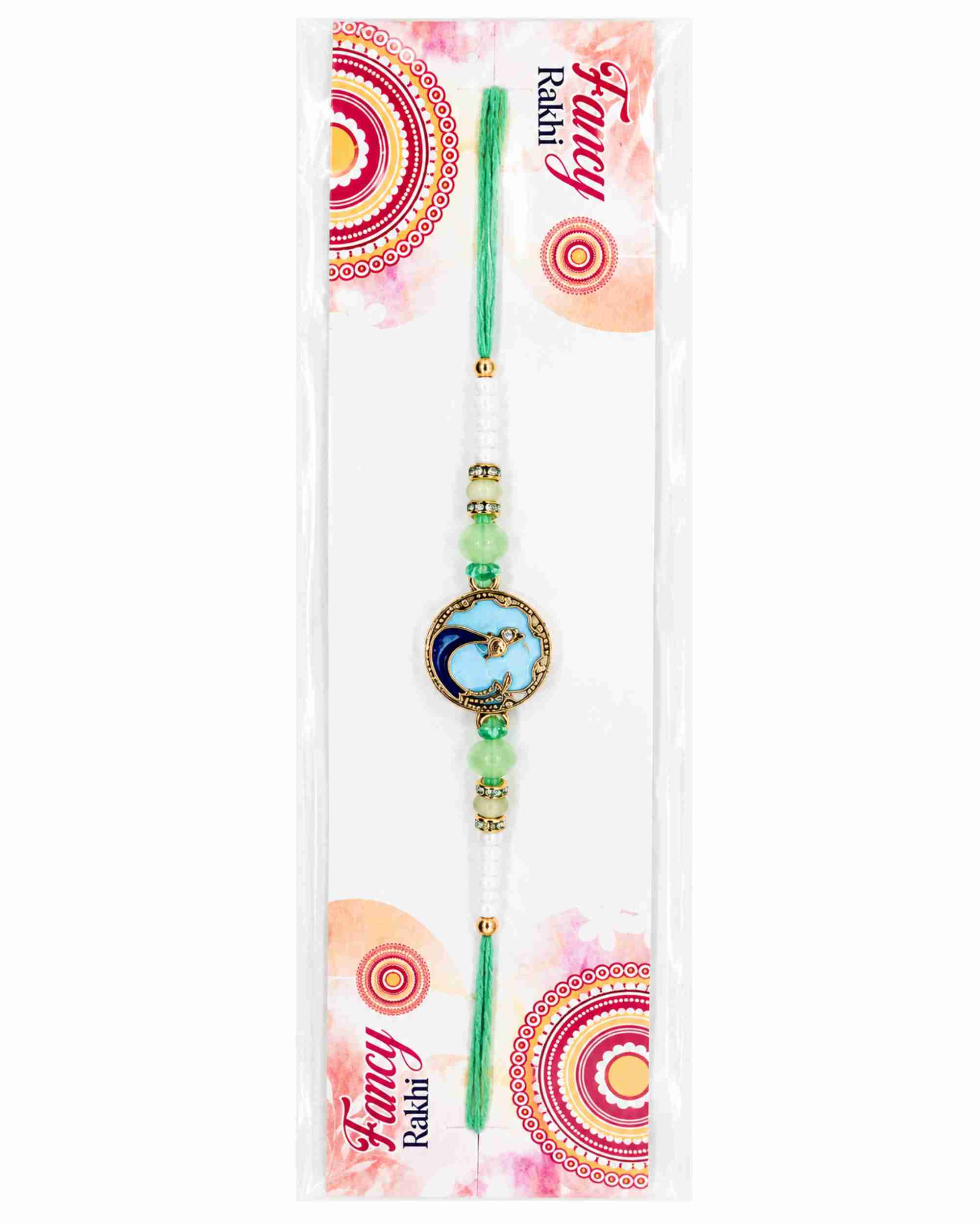 Premsons® Fancy Peacock Rakhi – Blue Enamel & Green Crystal Beads