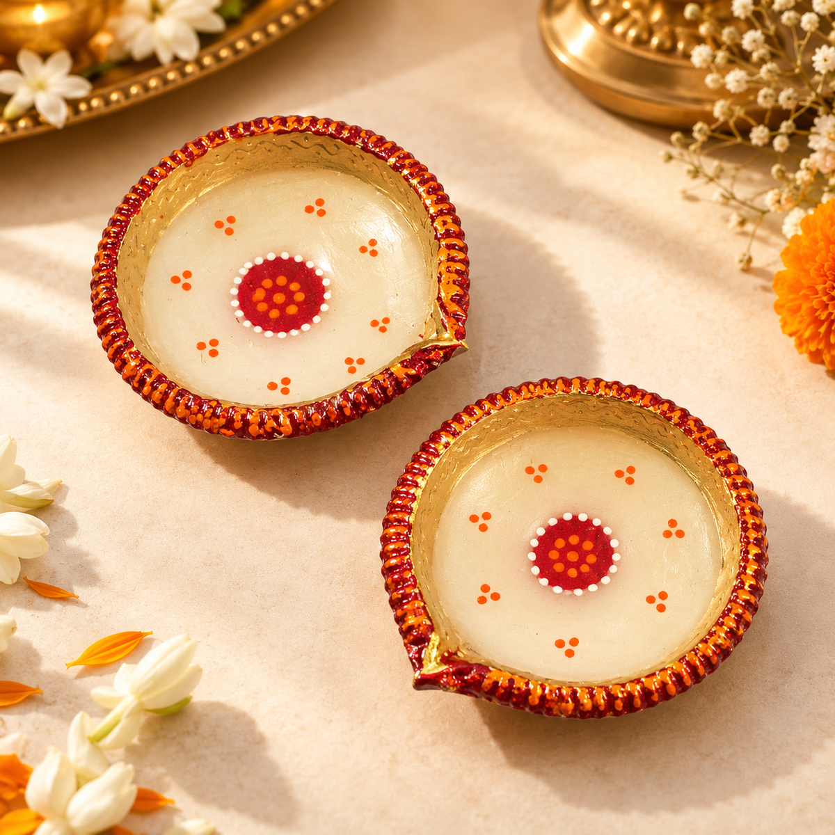 Round decorative wax diyas with yellow-gold rims and red dot patterns, pair