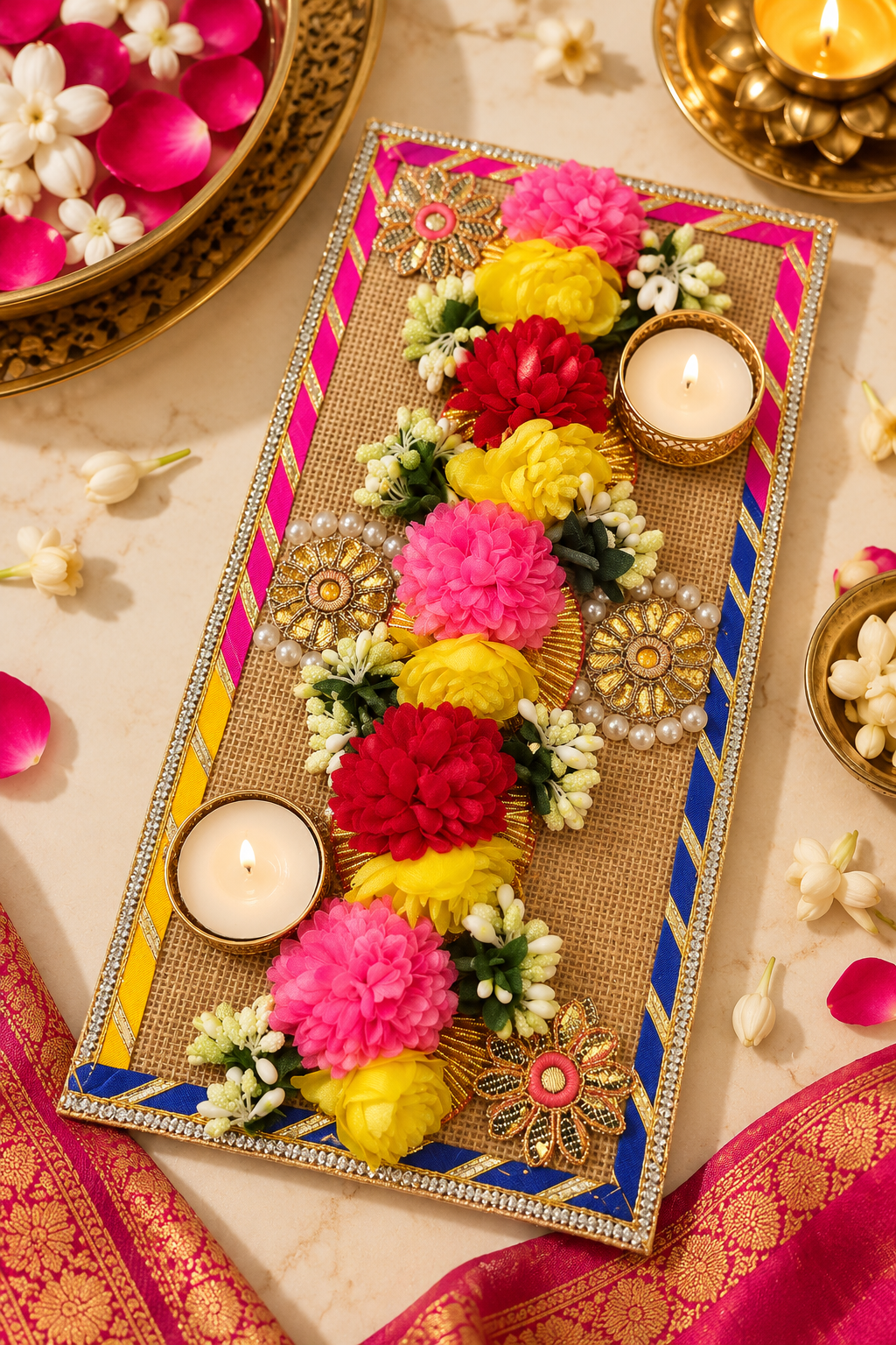 Festive pooja tray with colorful flower garlands and two tealight holders