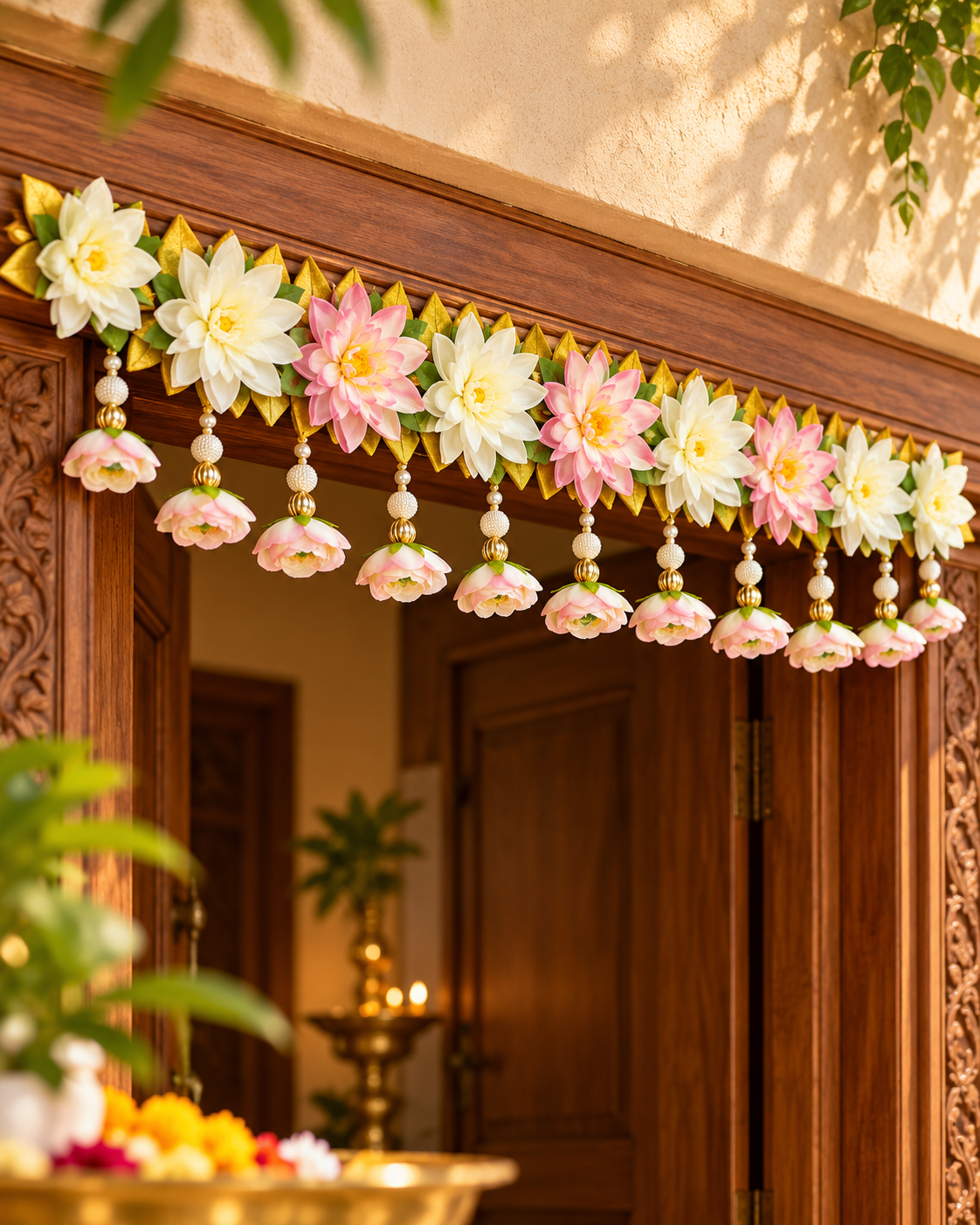 Handmade floral toran wall hanging with lotus flowers, pearl-like beads and gold accents
