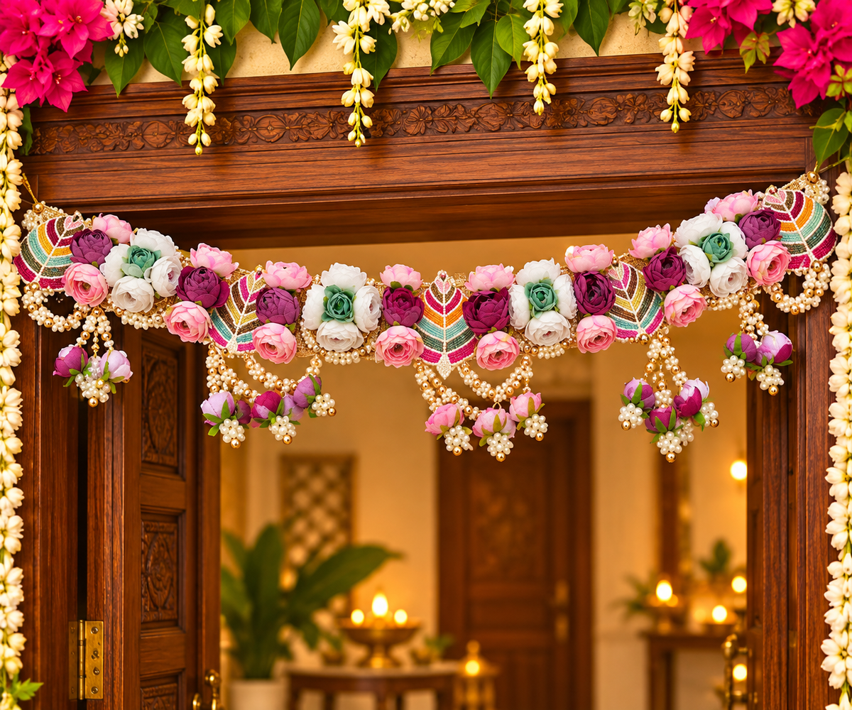 Premsons® Multicolour Floral Toran with Pearls – Decorative Door Hanging for Diwali, Pooja, Festivals & Home Celebration
