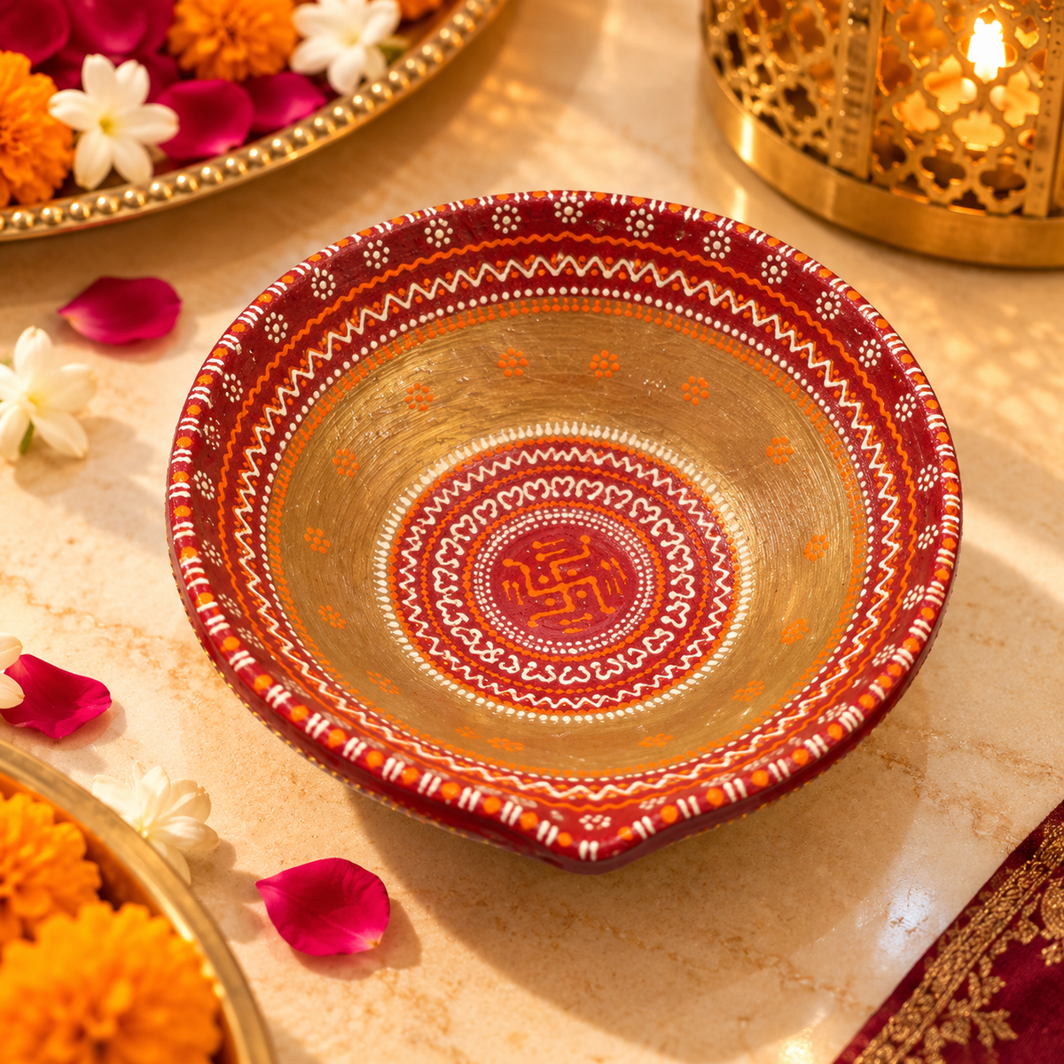 Round red and gold diya with detailed mandala pattern, decorative festival lamp