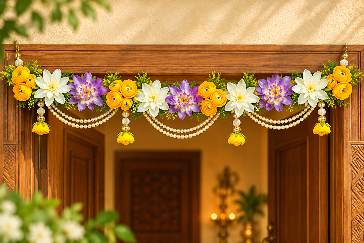 Handmade floral and pearl toran with marigold, white flowers, and hanging bells