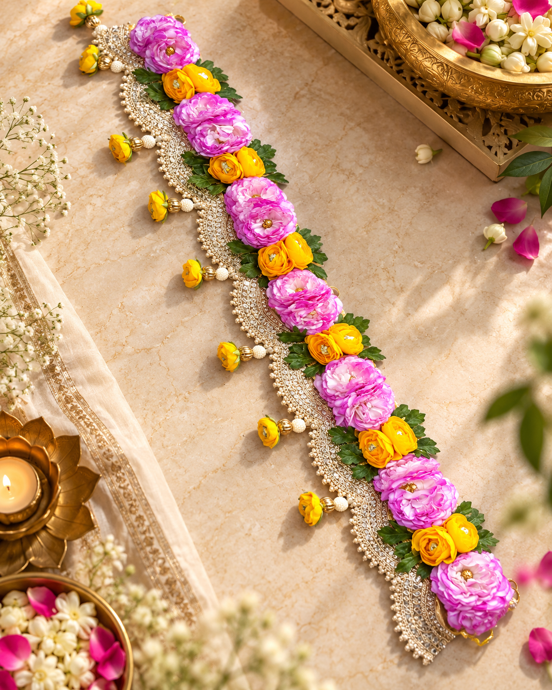 Decorative floral toran door hanging with pink and orange rose blossoms and pearl beads