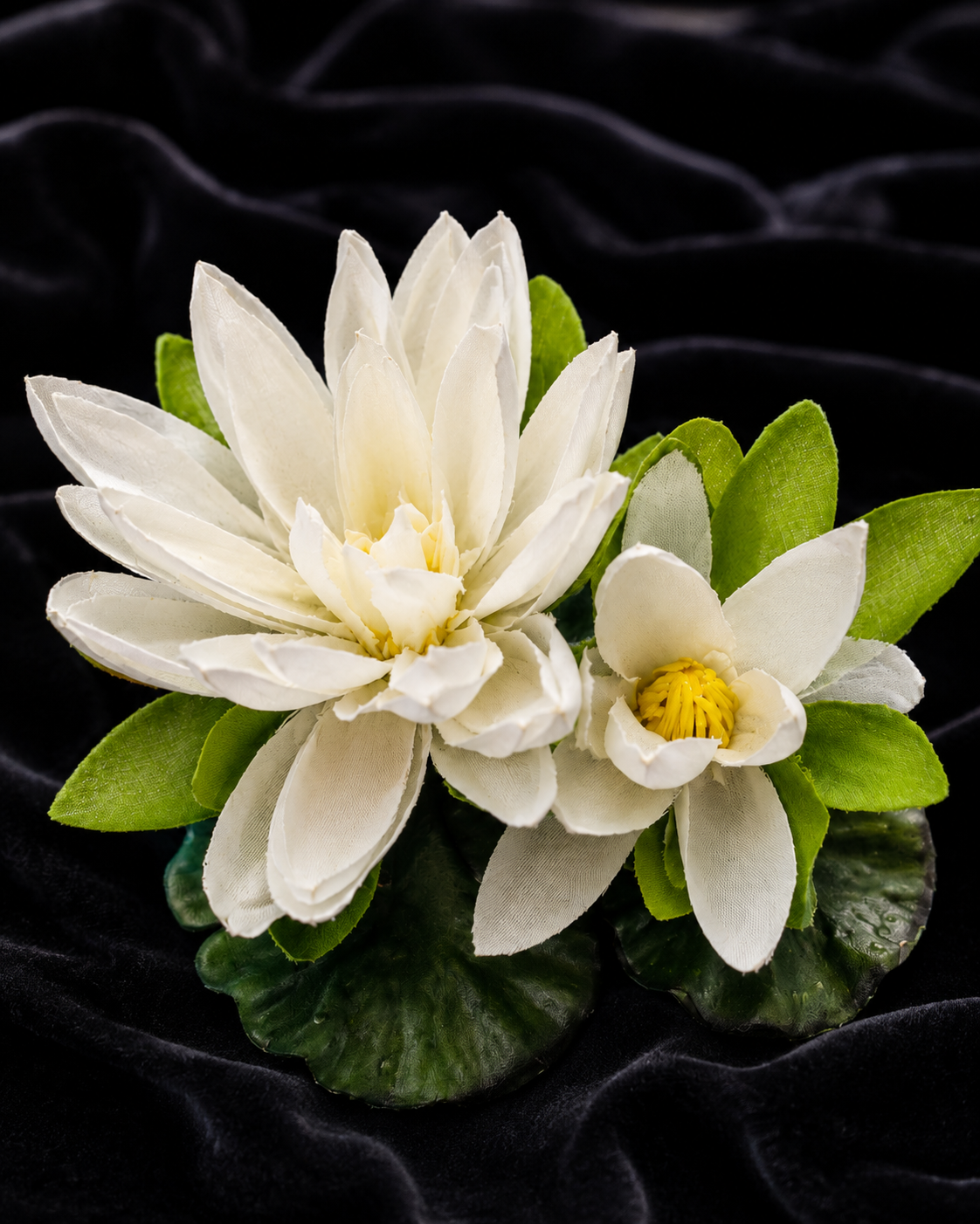Two white lotus flowers with yellow centers and green leaves, faux floating arrangement