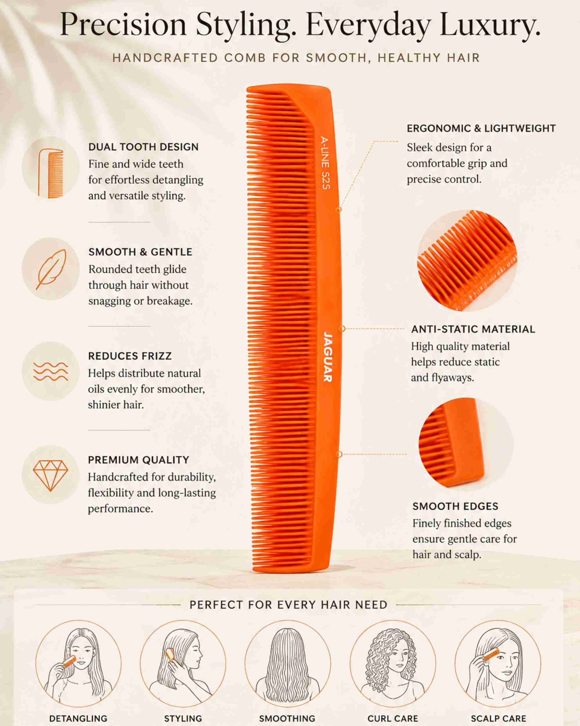 Premsons® Lightweight Fine Tooth Comb - Jaguar A-Line 525 Orange