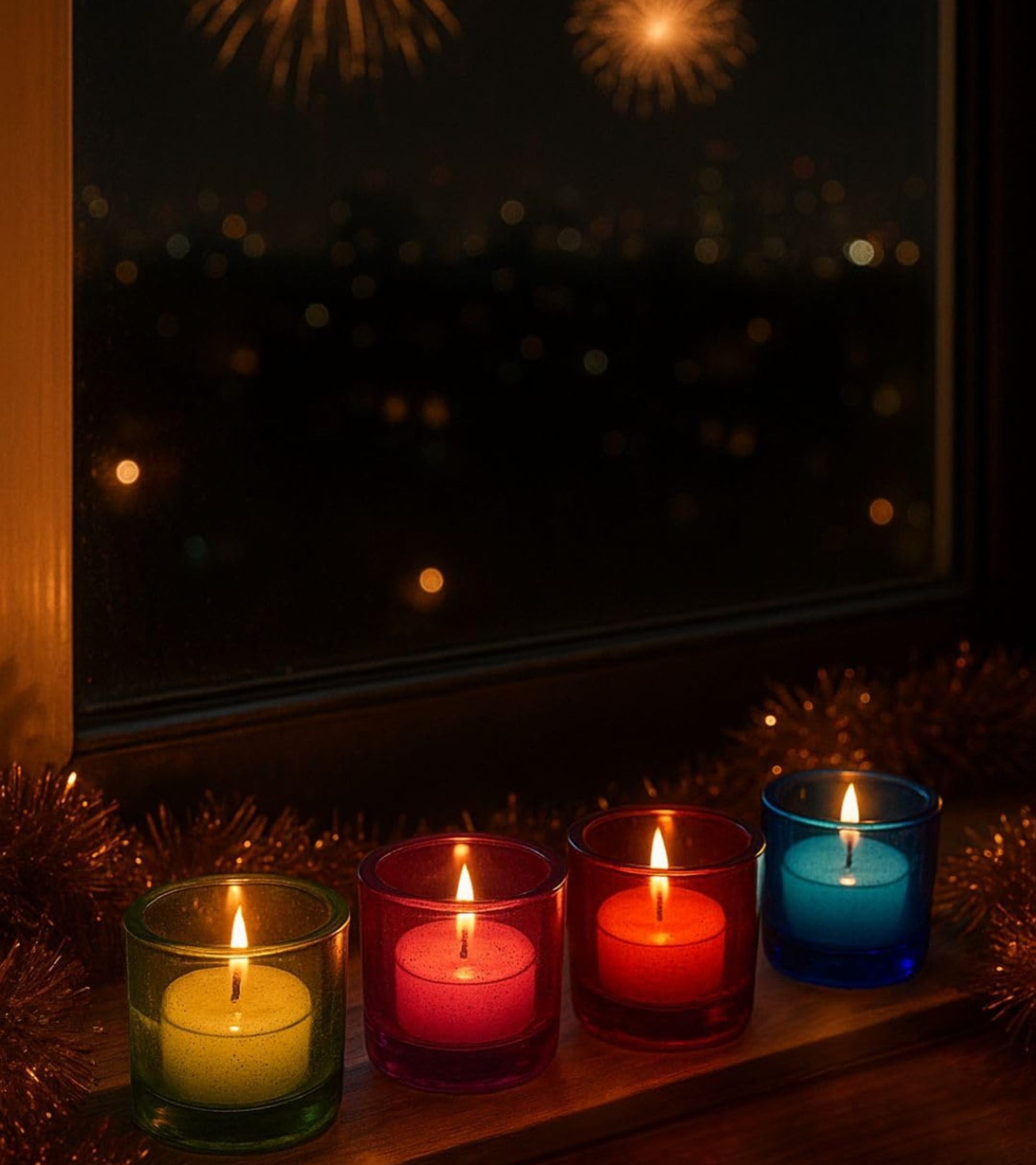 Set of glass votive candle holders with lit tealights in multiple colors
