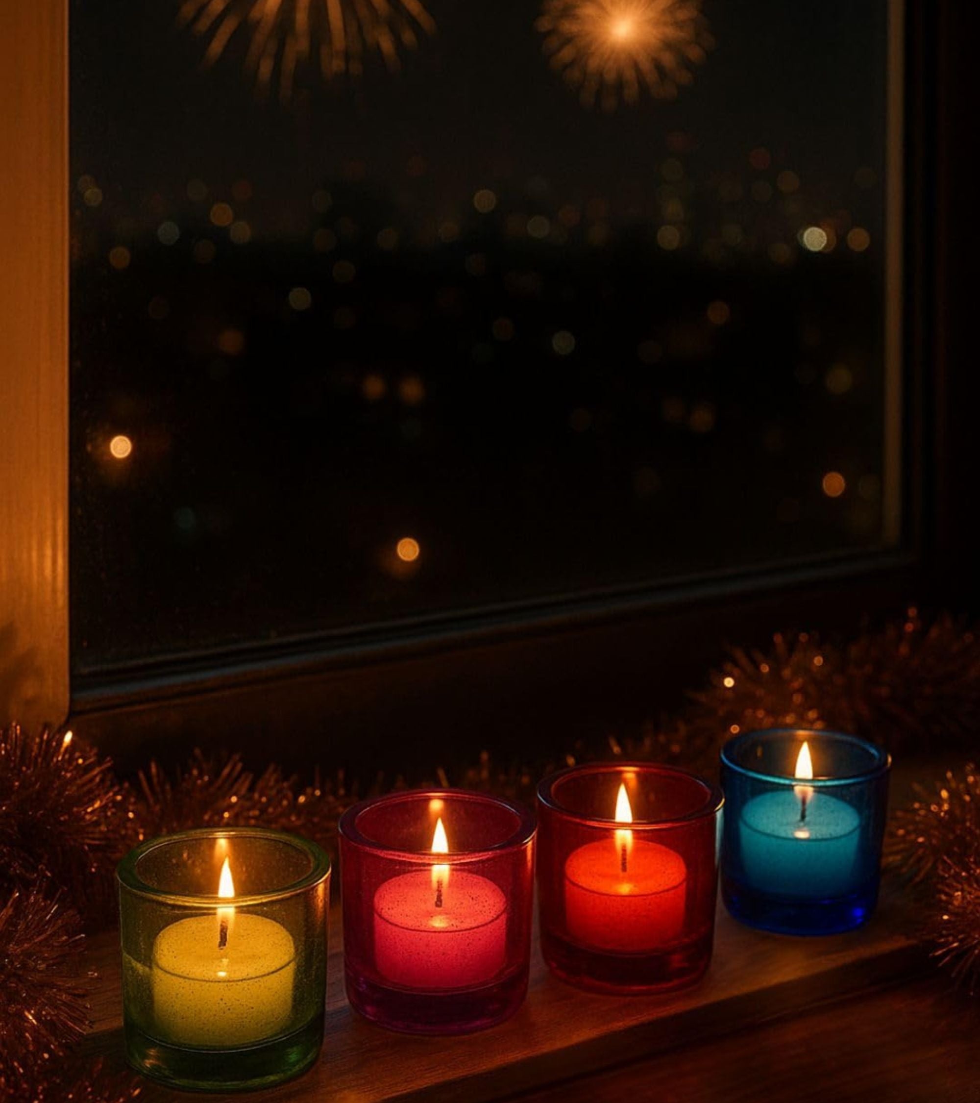 Set of glass votive candle holders with lit tealights in multiple colors