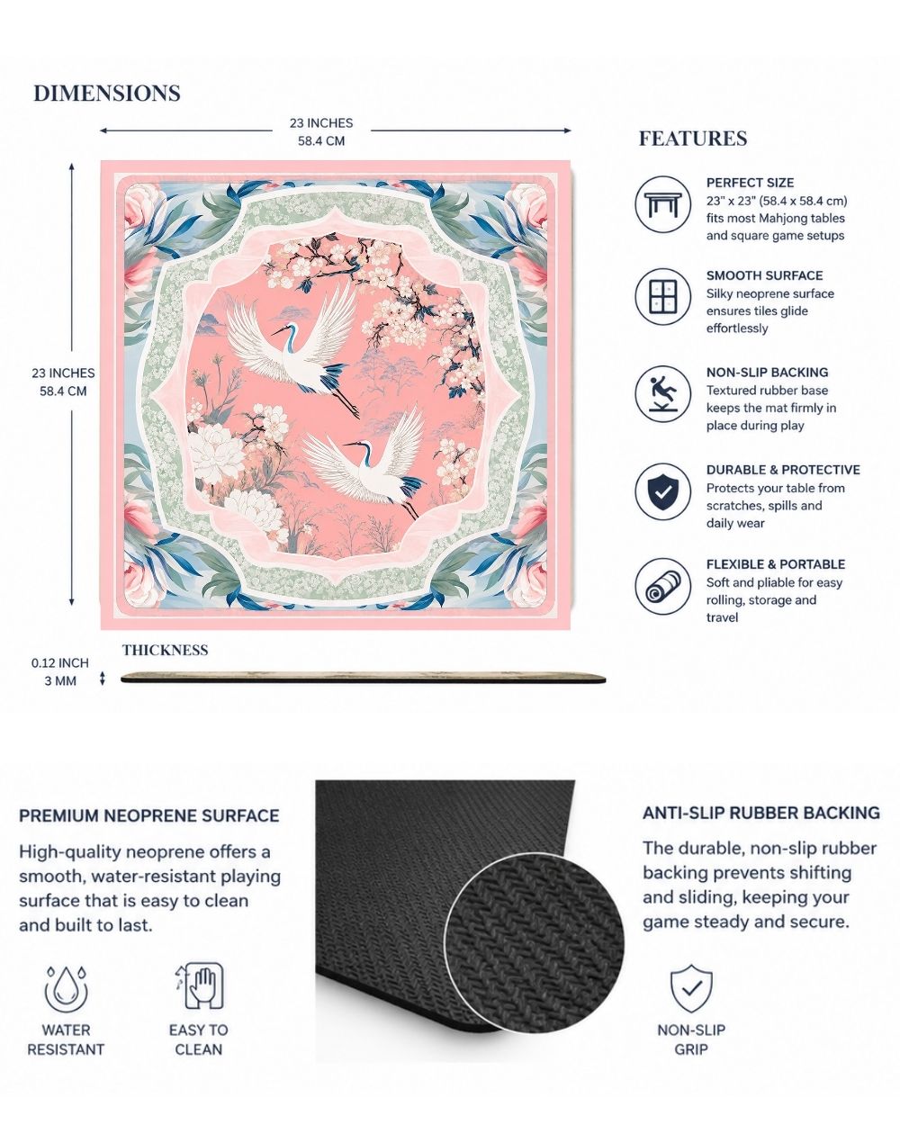Premsons® Flight of the Cranes Mahjong Table Mat – Premium Anti-Slip Square Gaming & Decorative Mat - 23 x 23 inch - Versatile Non-Slip Play Surface