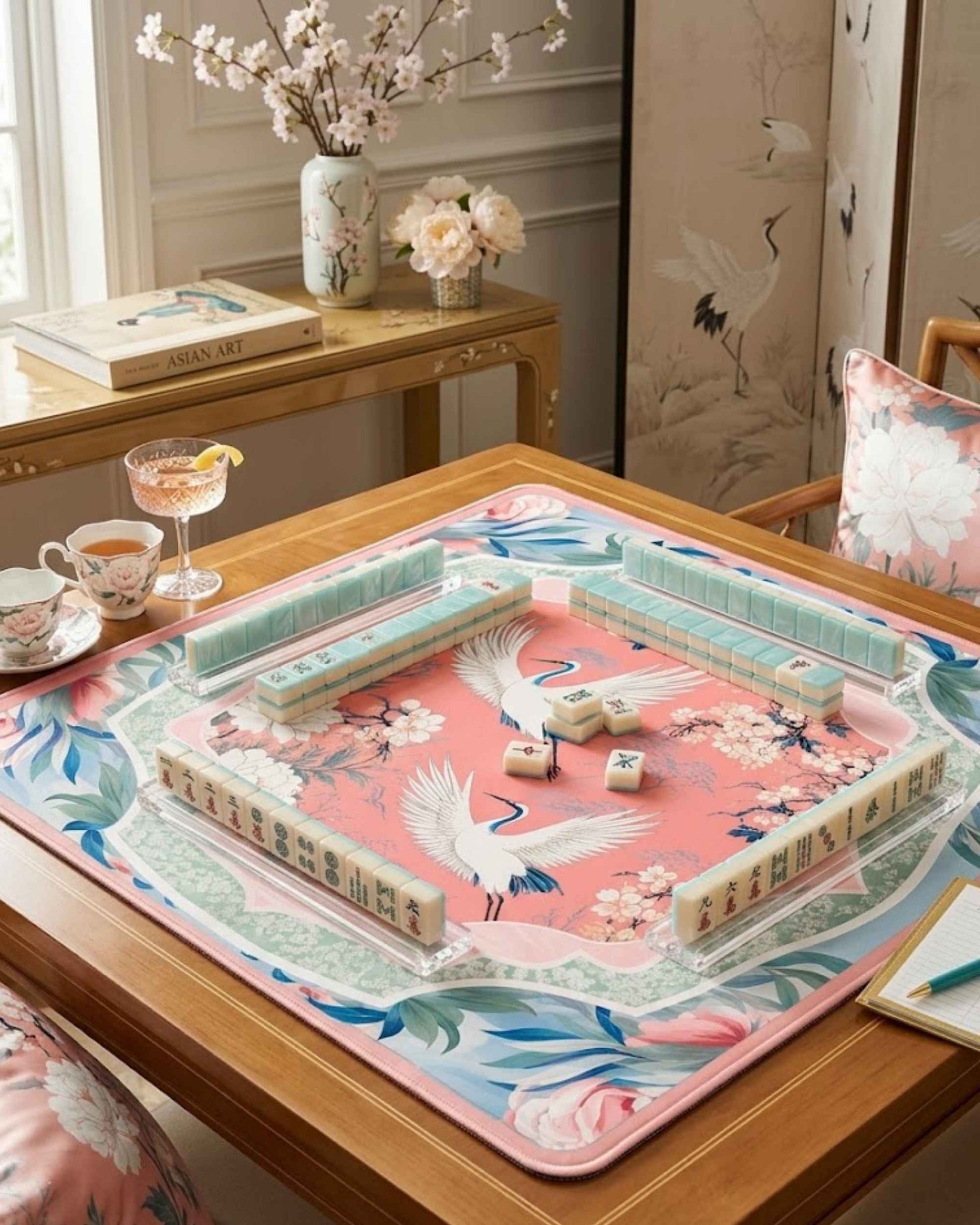 Square game table mat with pink crane and cherry blossom pattern, padded non-slip surface