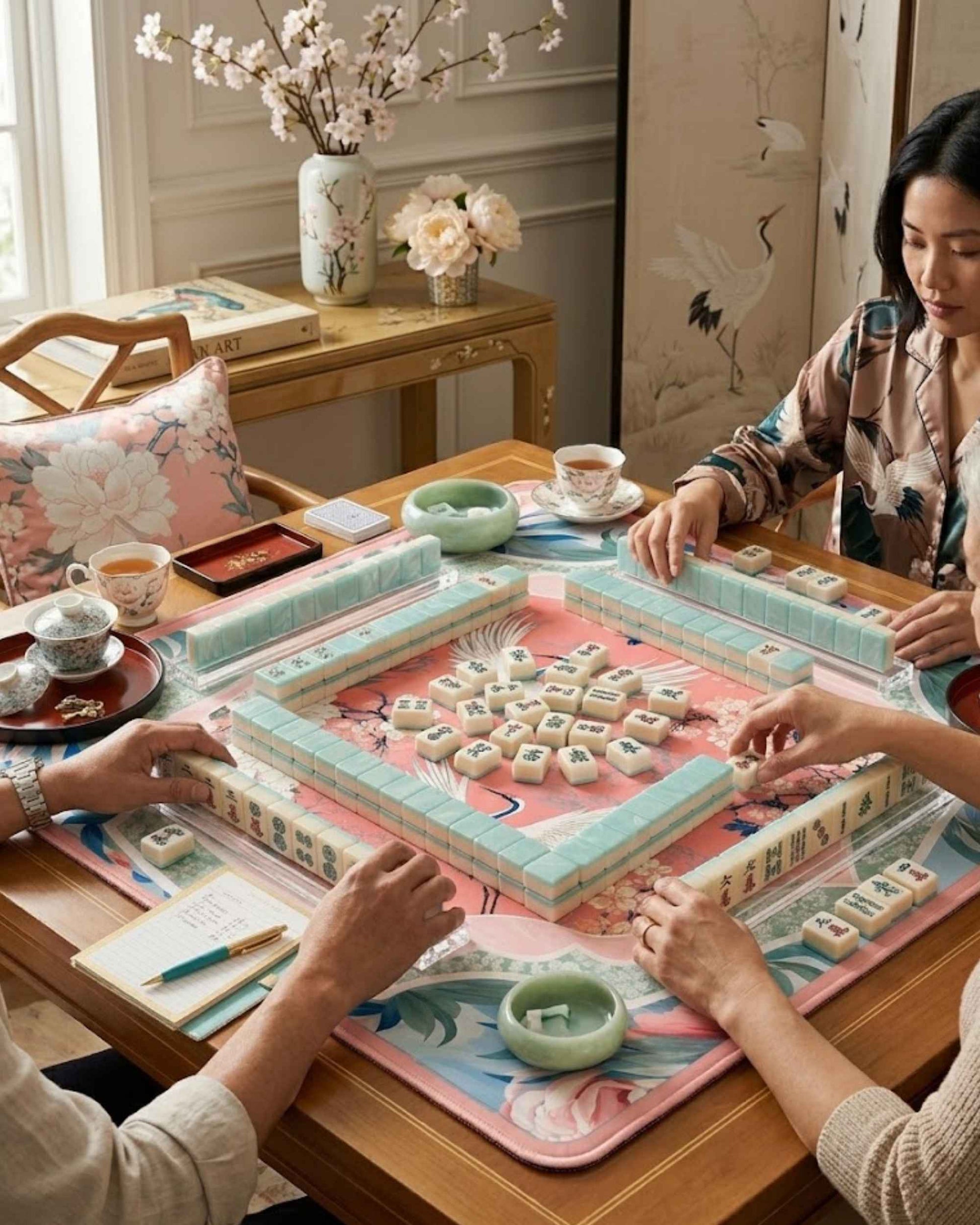 Square mahjong table mat with pink crane and blossom design, used for tabletop tile play