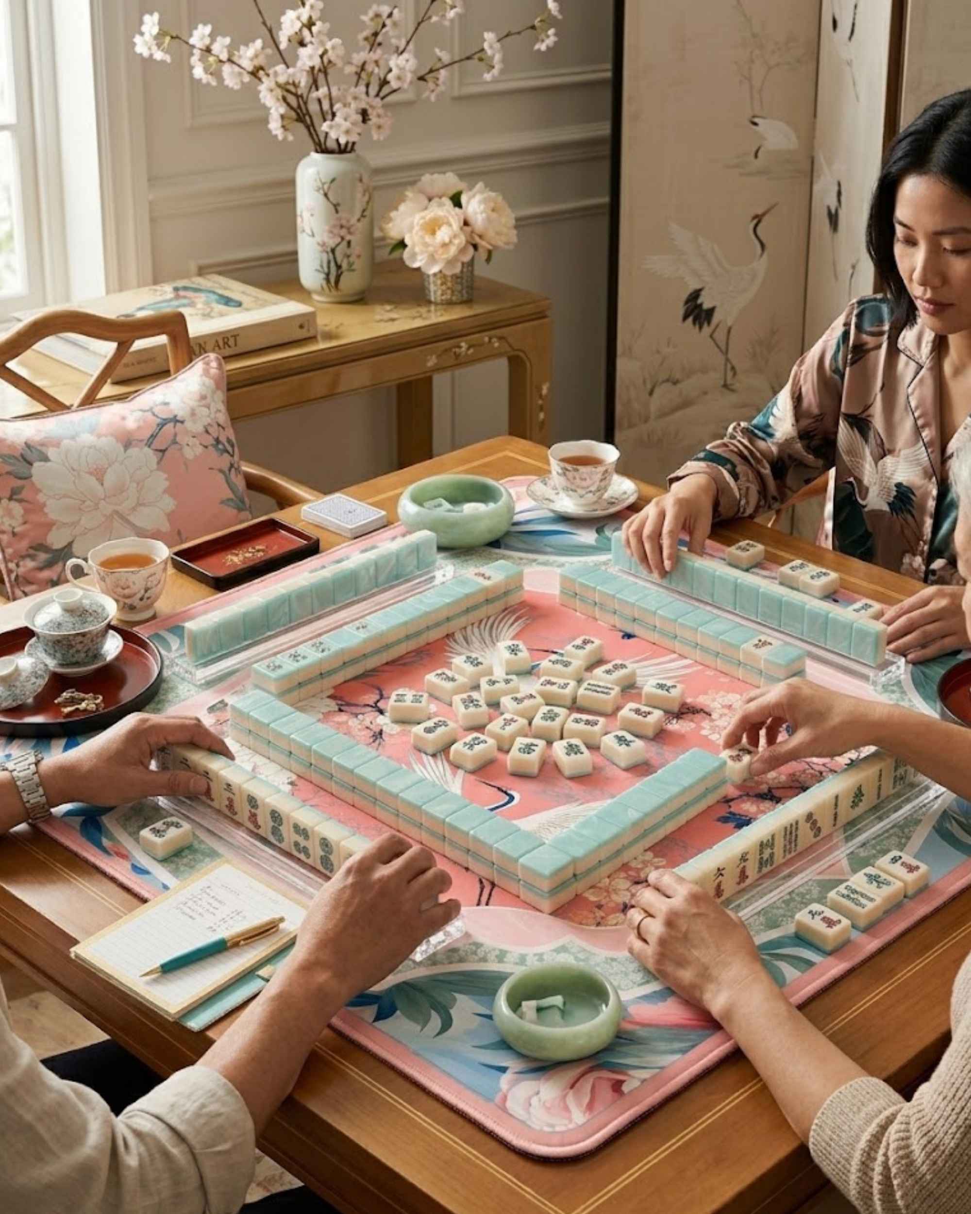 Square mahjong table mat with pink crane and blossom design, used for tabletop tile play